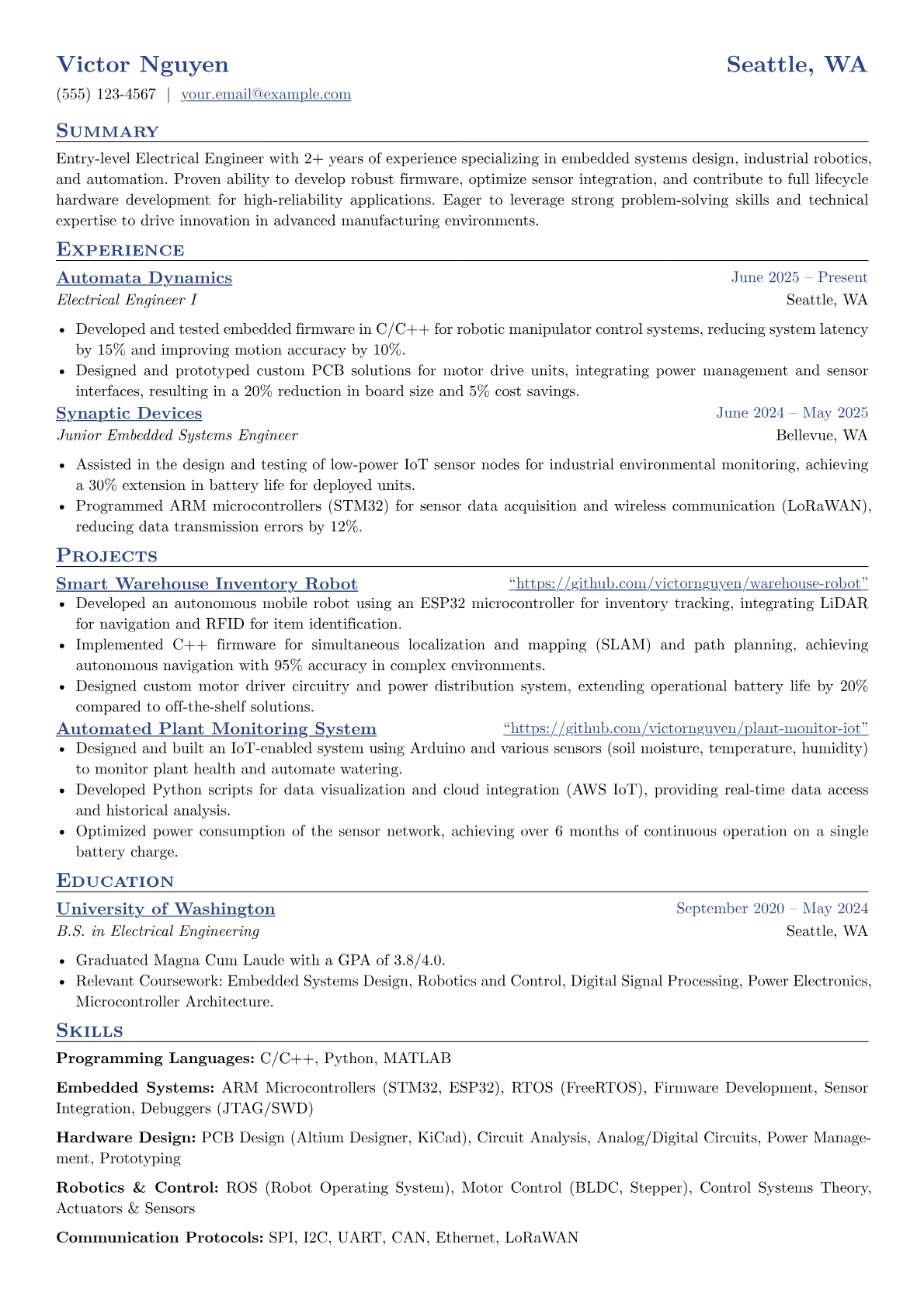 Entry-Level Electrical Engineer resume example, Entry-Level Electrical, page 1