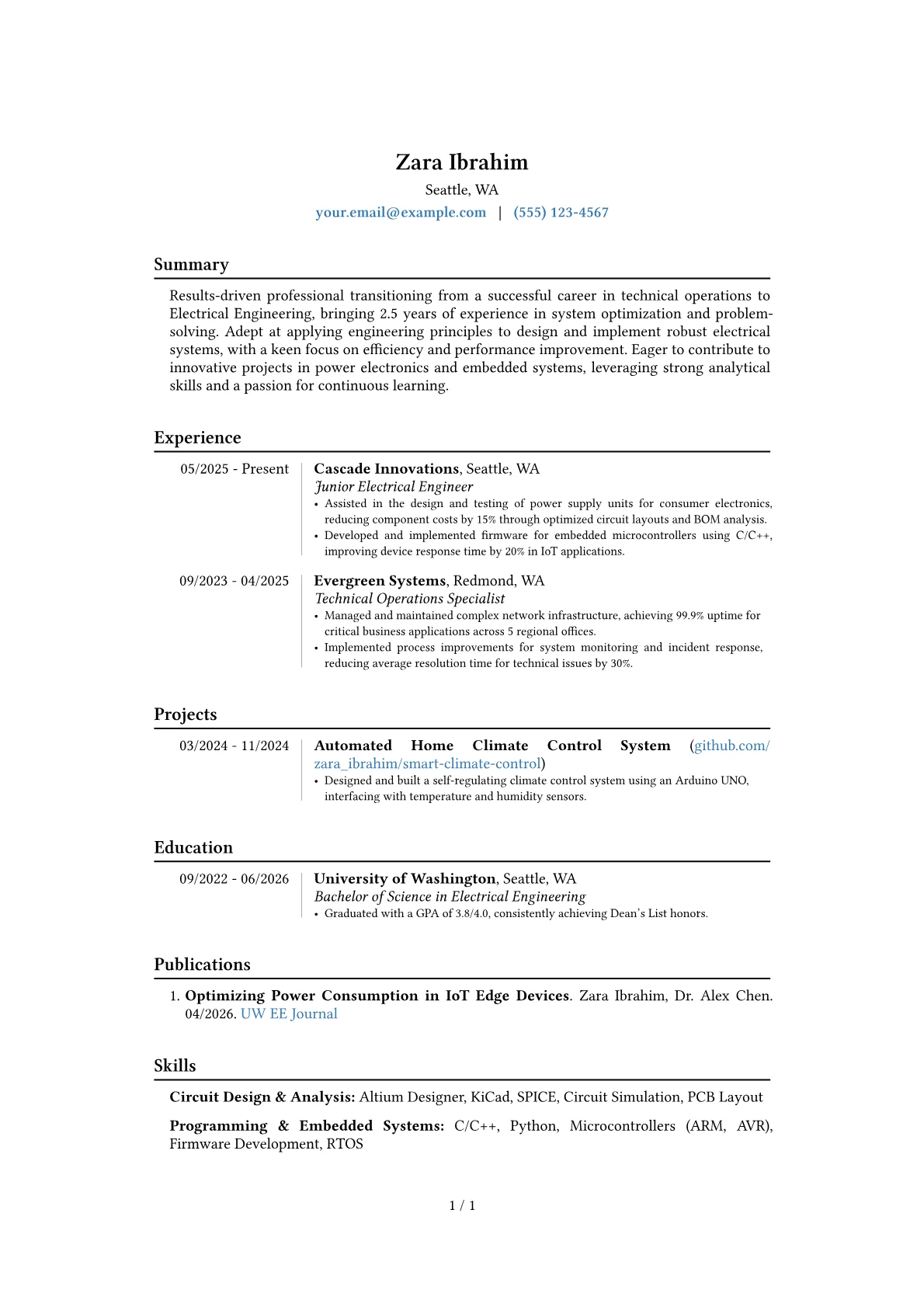 Entry-Level Electrical Engineer resume example, Career changer, page 1