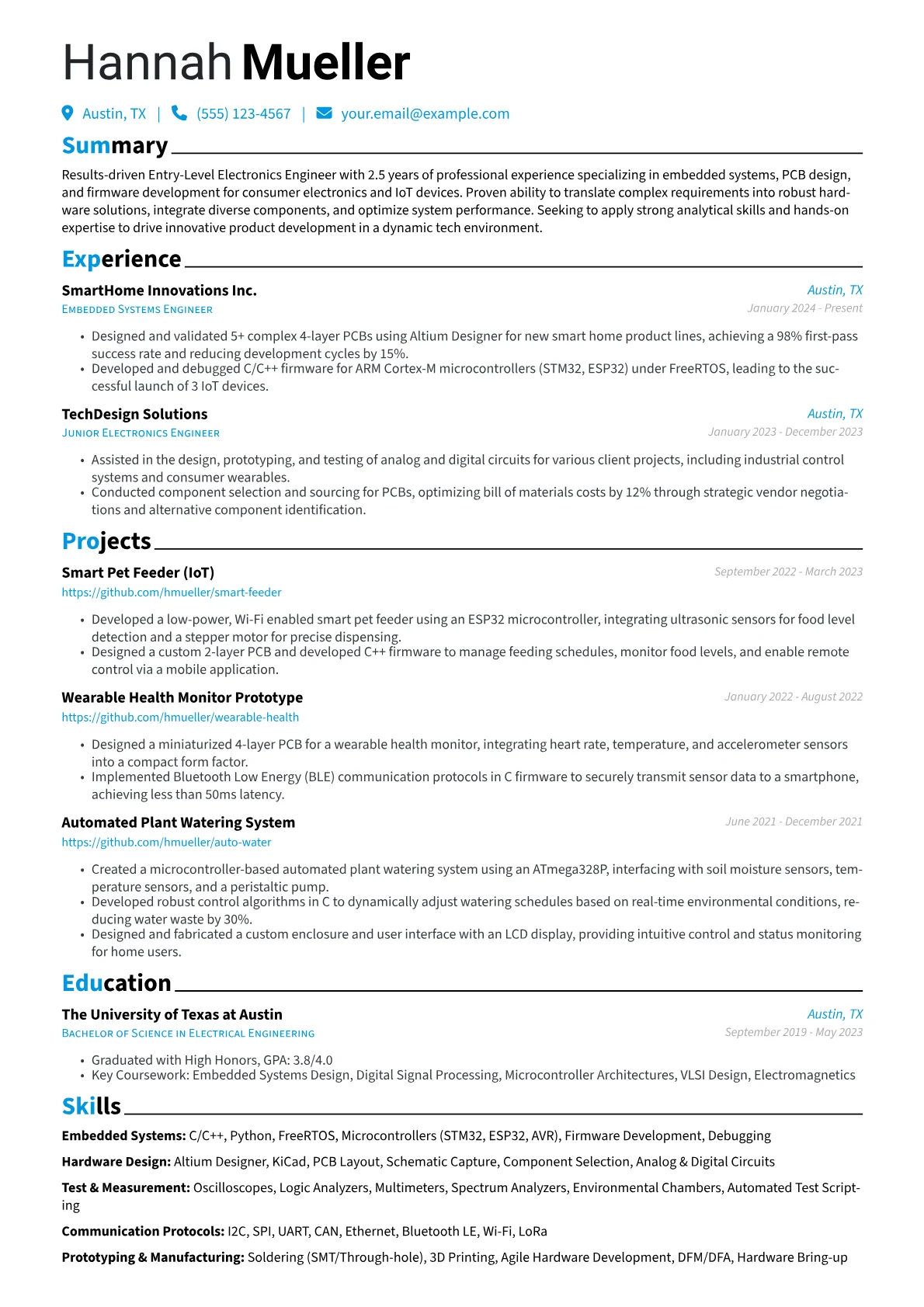 Entry-Level Electronics Engineer resume example, Entry-Level Electronics, page 1