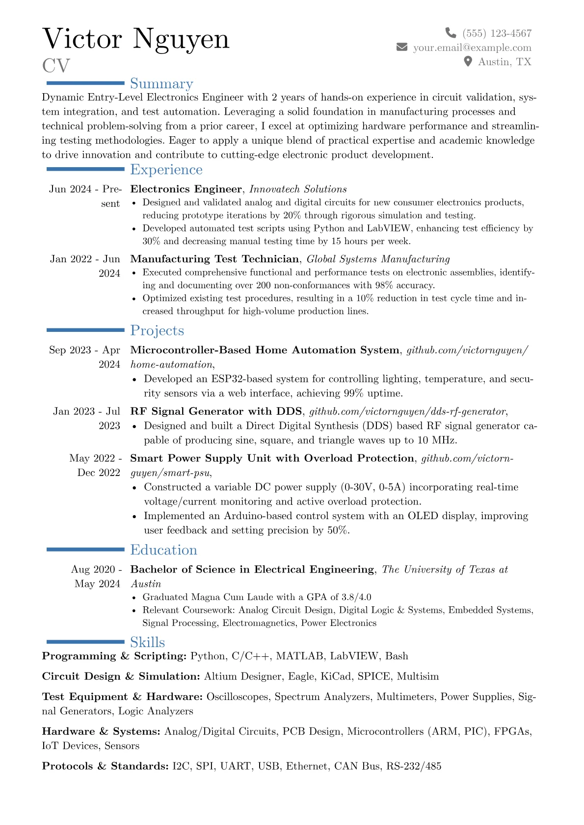 Entry-Level Electronics Engineer resume example, Career changer, page 1
