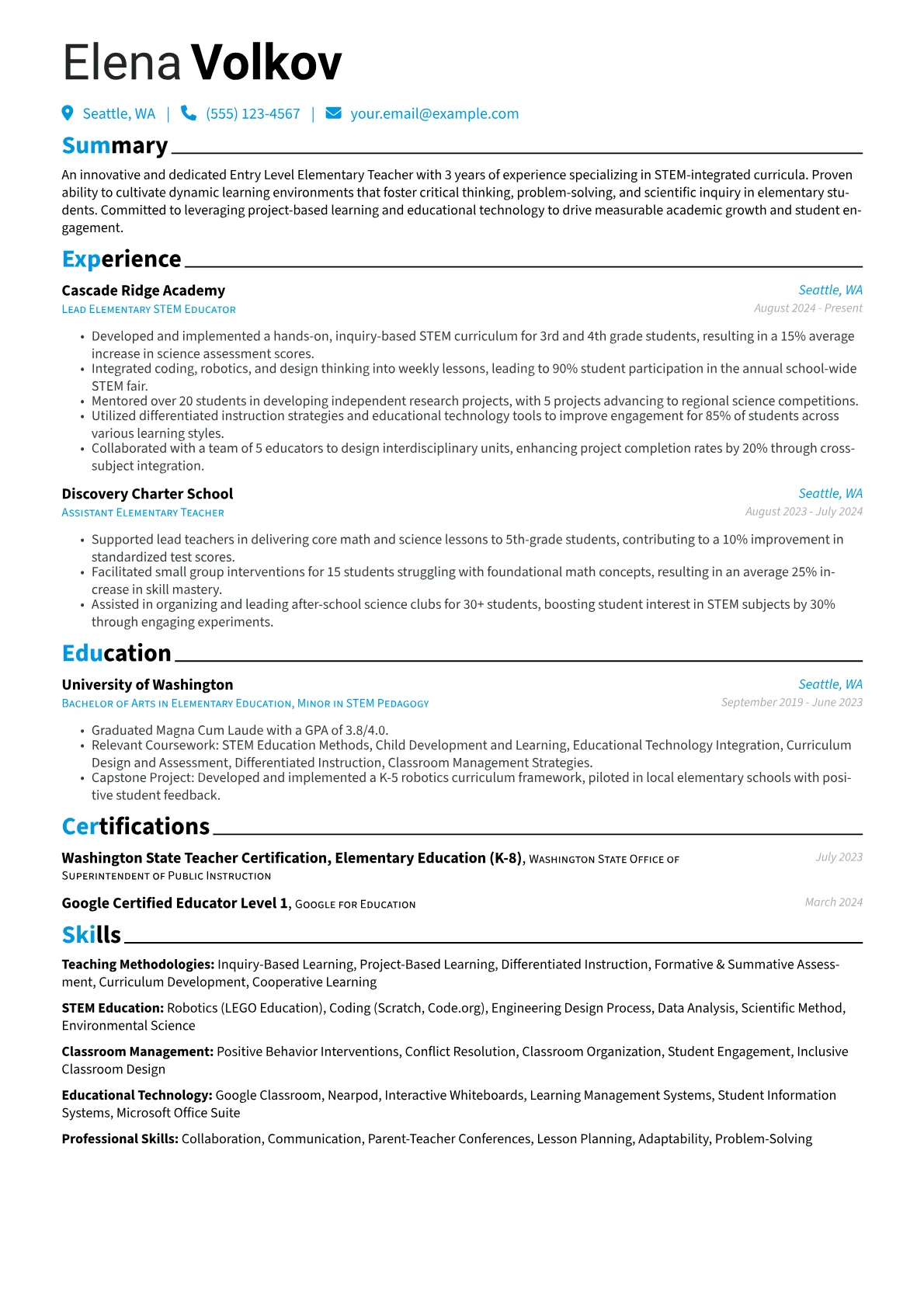 Entry Level Elementary Teacher resume example, STEM-Focused Elementary, page 1