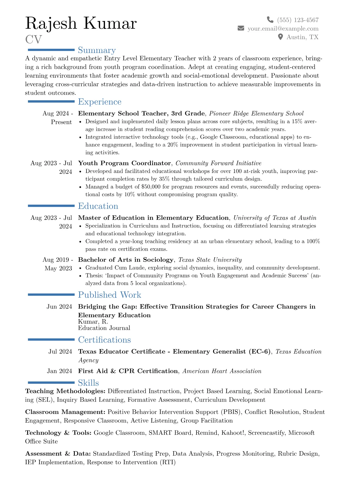 Entry Level Elementary Teacher resume example, Career changer, page 1
