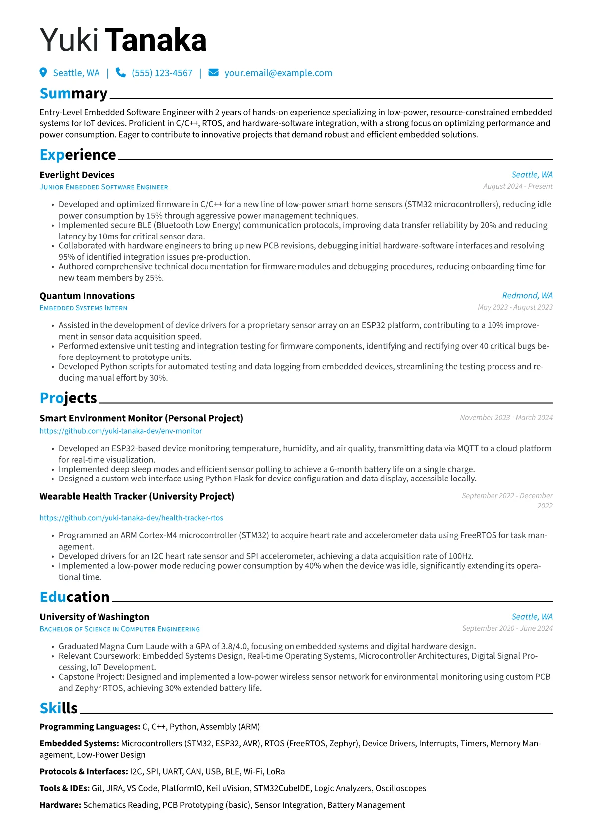 Entry-Level Embedded Software Engineer resume example, Programming Languages, page 1