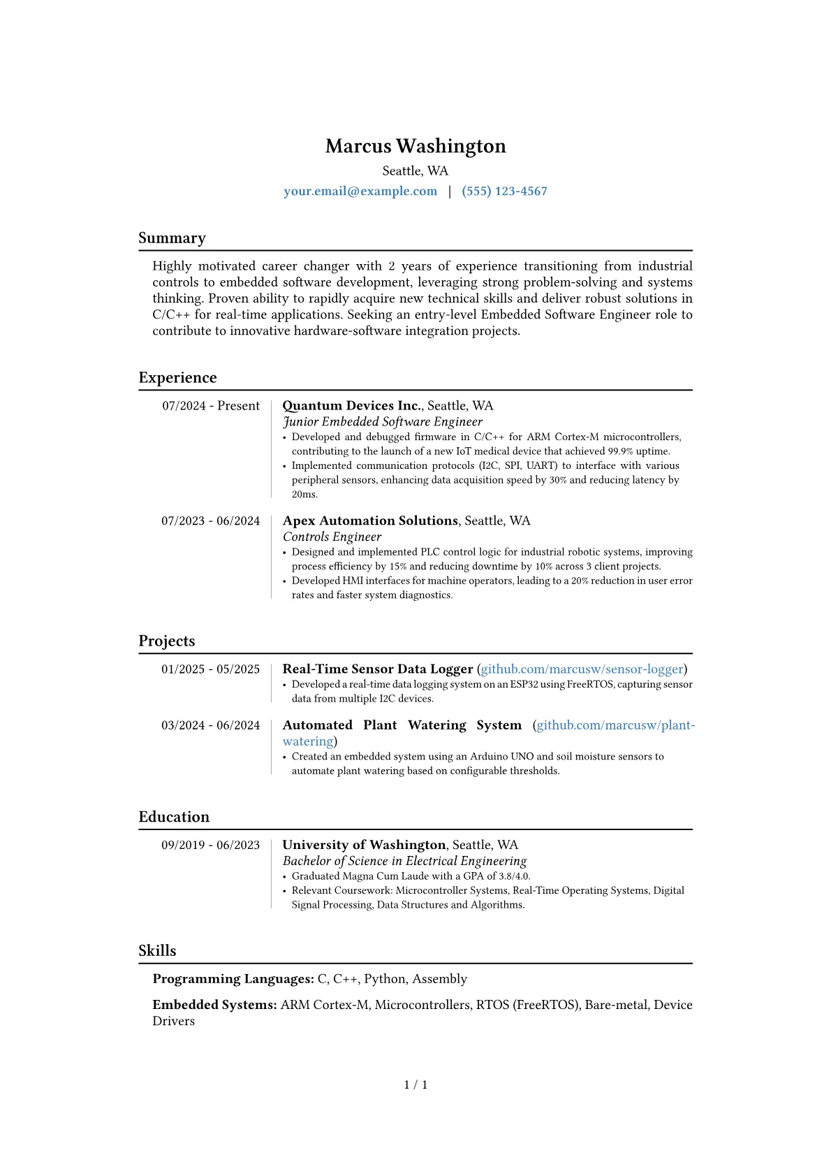 Entry-Level Embedded Software Engineer resume example, Career changer, page 1