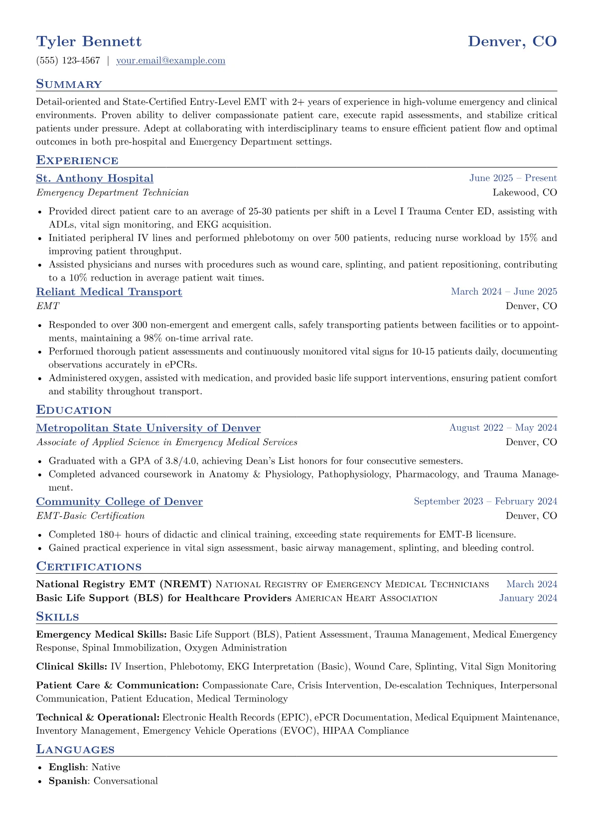 Entry-Level EMT resume example, Entry-Level EMT, page 1