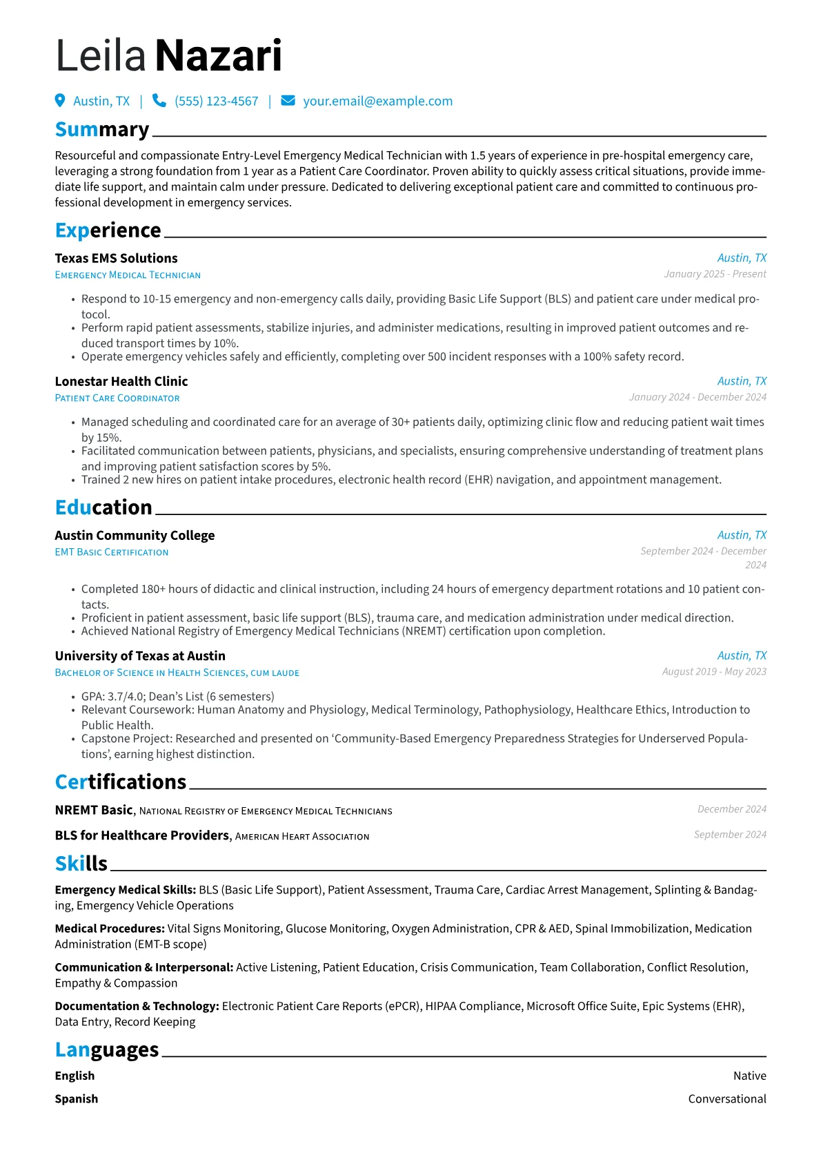 Entry-Level EMT resume example, Career changer, page 1