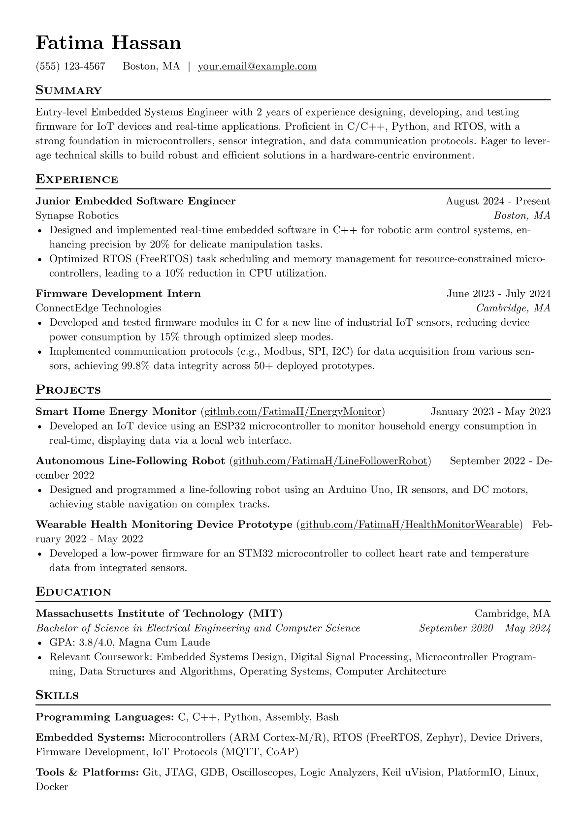 Entry Level Engineer resume example, Entry Level Embedded, page 1