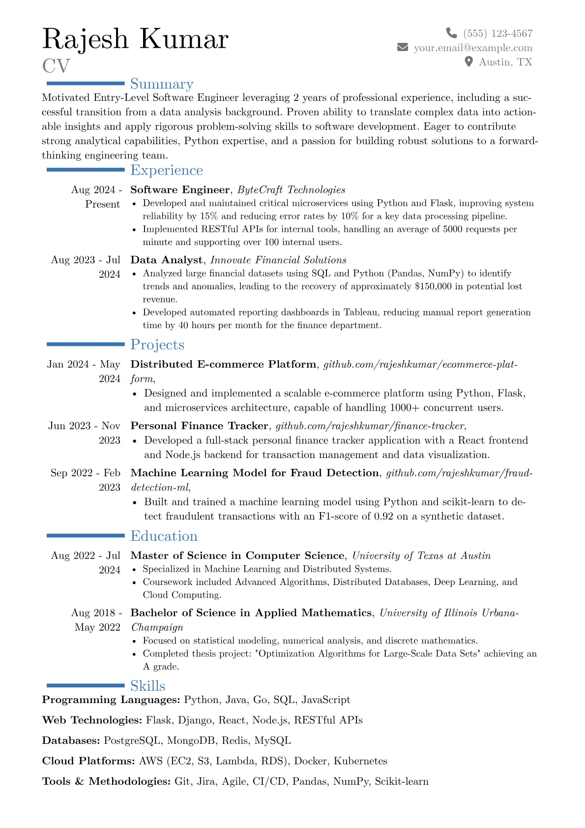 Entry Level Engineer resume example, Career changer, page 1