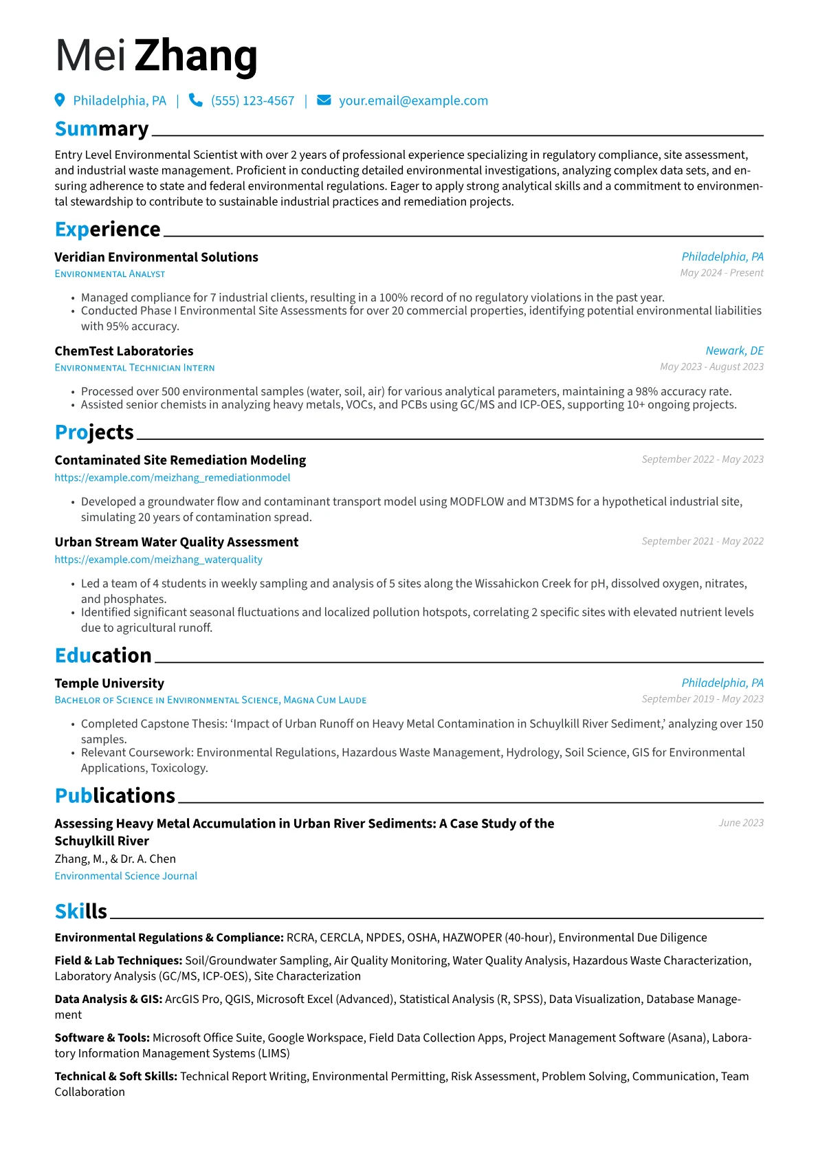 Entry Level Environmental Scientist resume example, Environmental Regulations, page 1