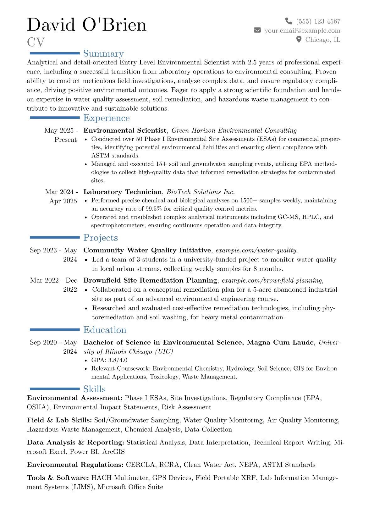 Entry Level Environmental Scientist resume example, Career changer, page 1