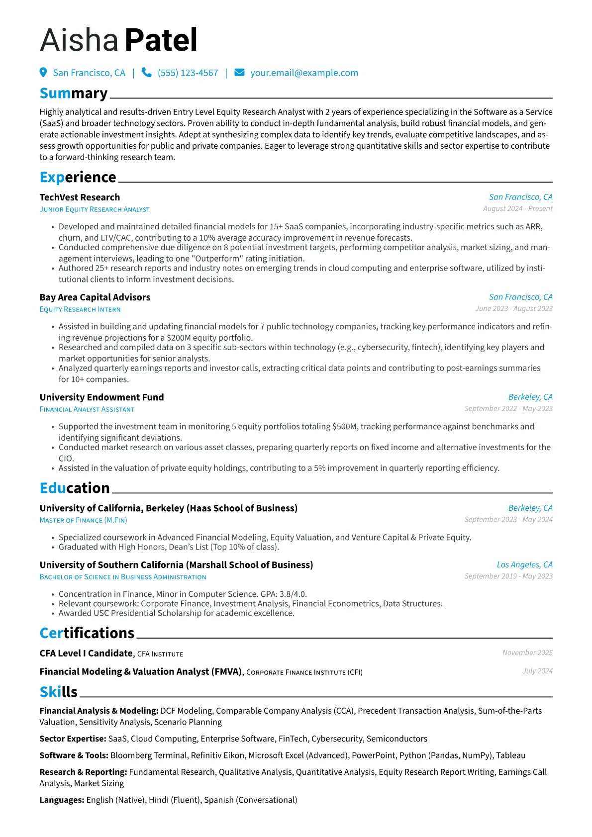 Entry Level Equity Research Analyst resume example, Equity Research Analyst, page 1