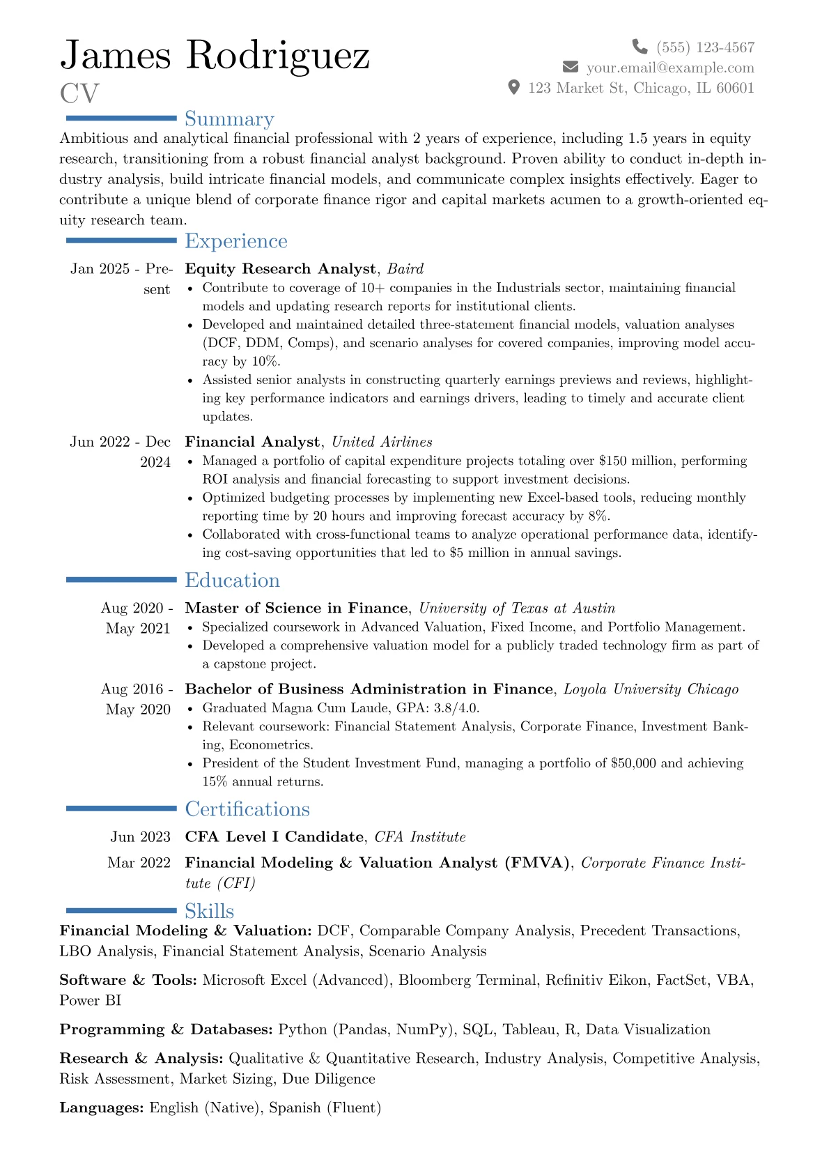 Entry Level Equity Research Analyst resume example, Career changer, page 1