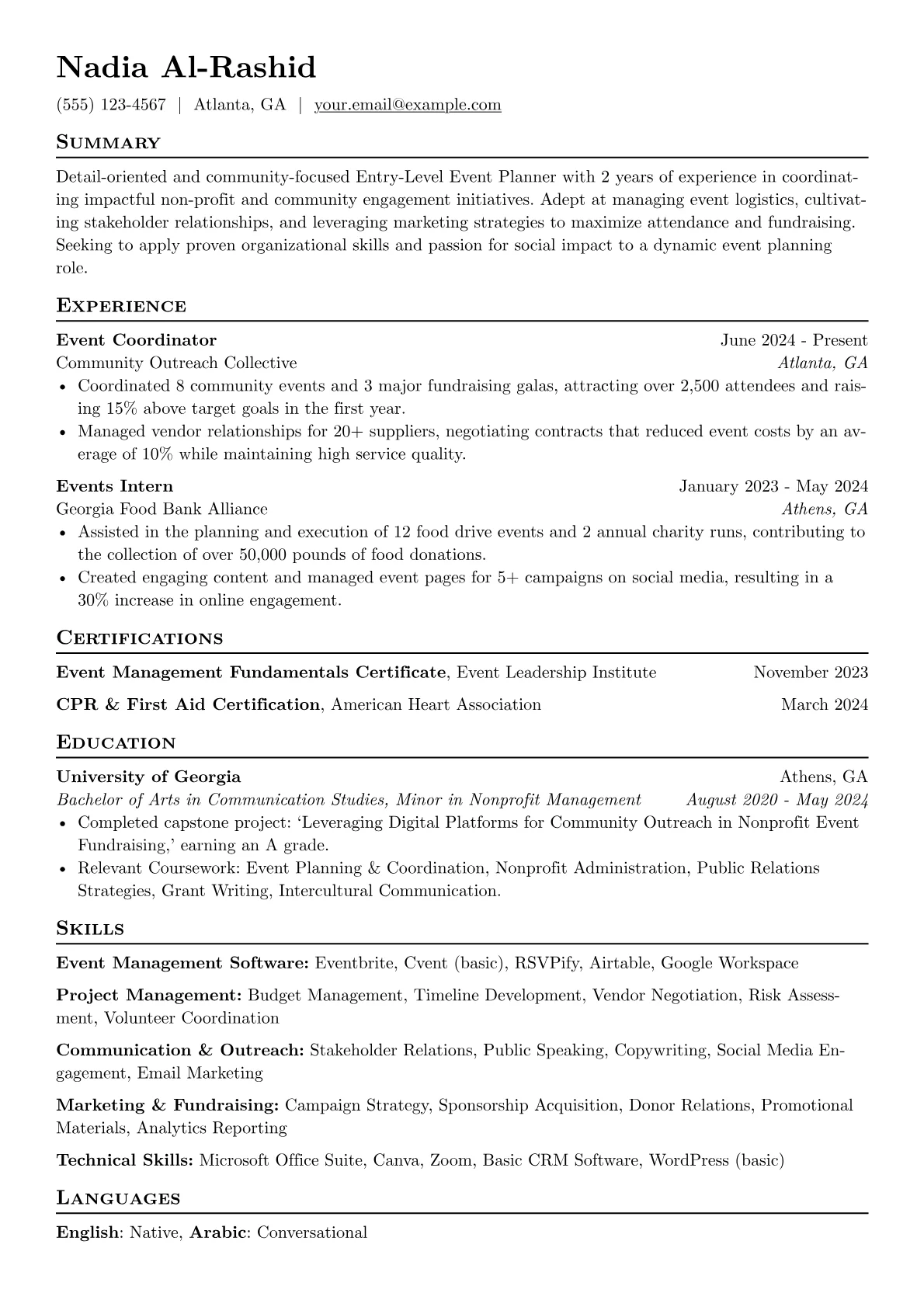 Entry-Level Event Planner resume example, Entry-Level Community, page 1