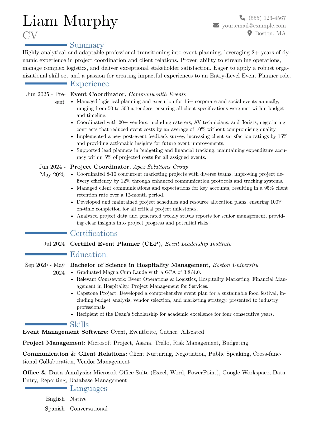 Entry-Level Event Planner resume example, Career changer, page 1