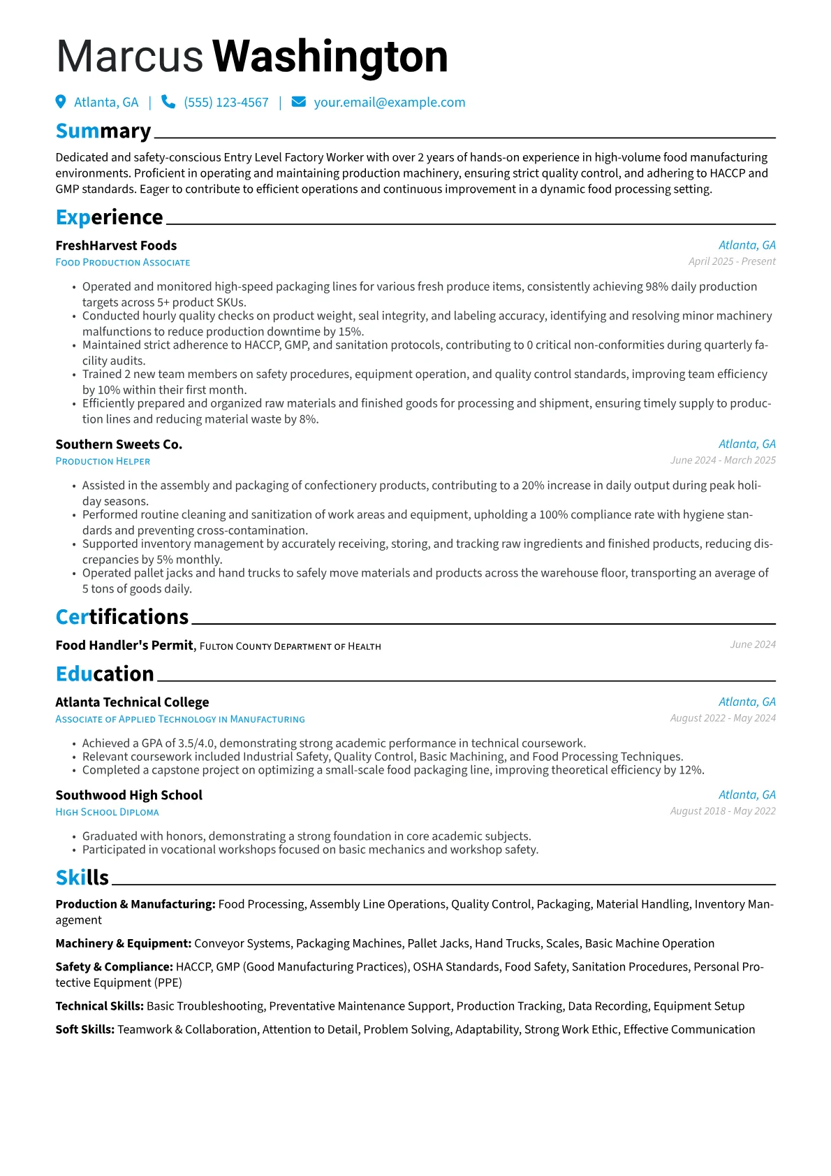 Entry Level Factory Worker resume example, Entry Level Factory Worker, page 1