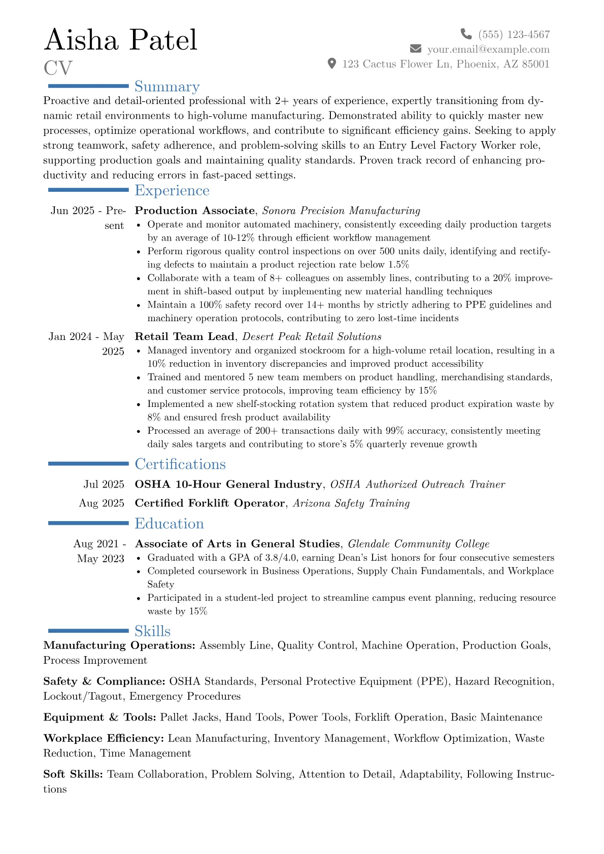 Entry Level Factory Worker resume example, Career changer, page 1