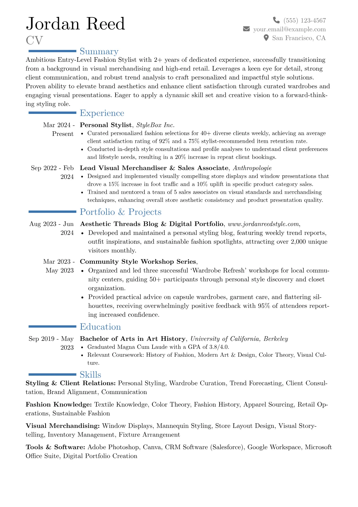 Entry-Level Fashion Stylist resume example, Career changer, page 1