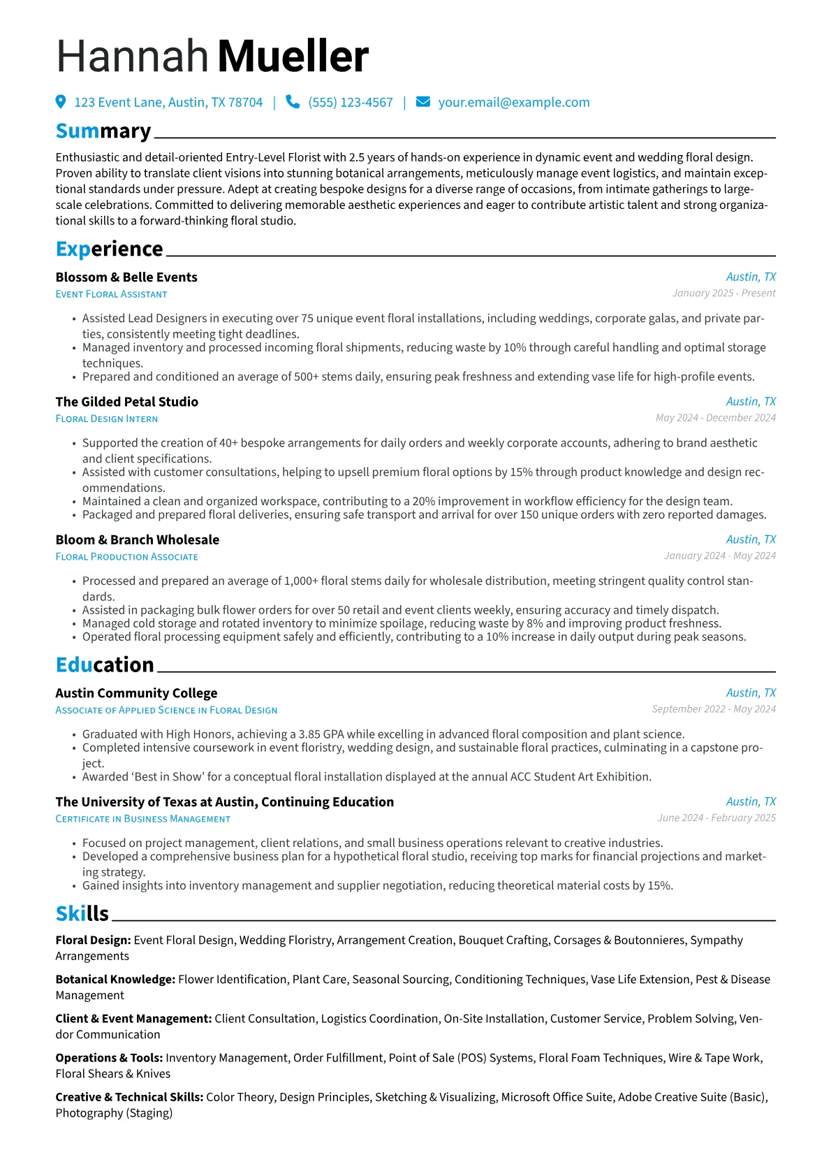 Entry-Level Florist resume example, Entry-Level Florist, page 1