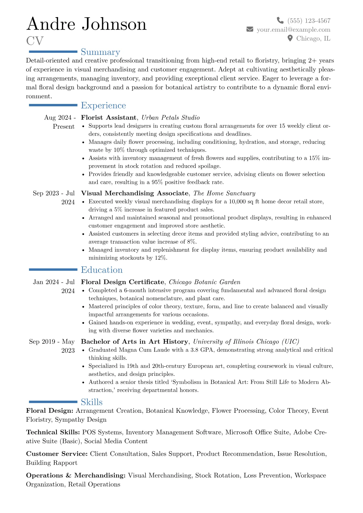 Entry-Level Florist resume example, Career changer, page 1
