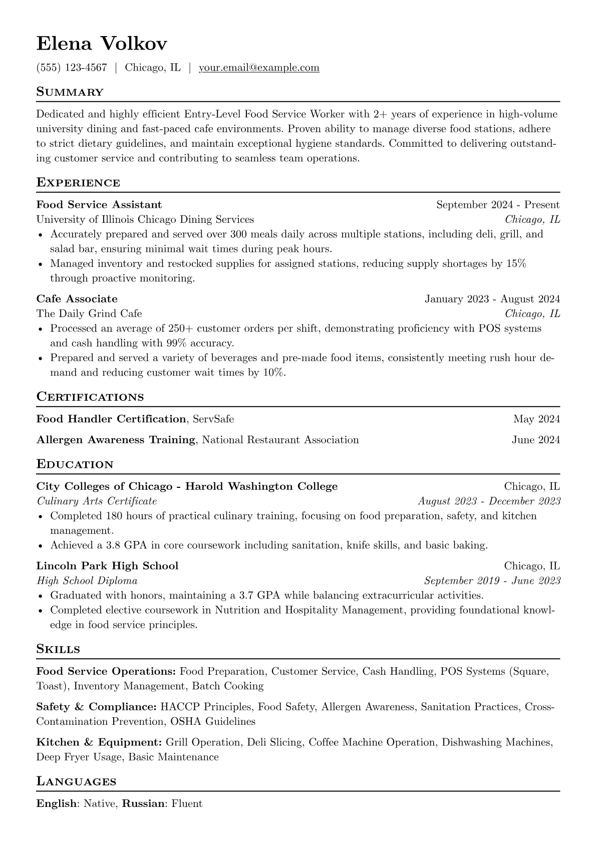 Entry-Level Food Service Worker resume example, Entry-Level Food Service, page 1