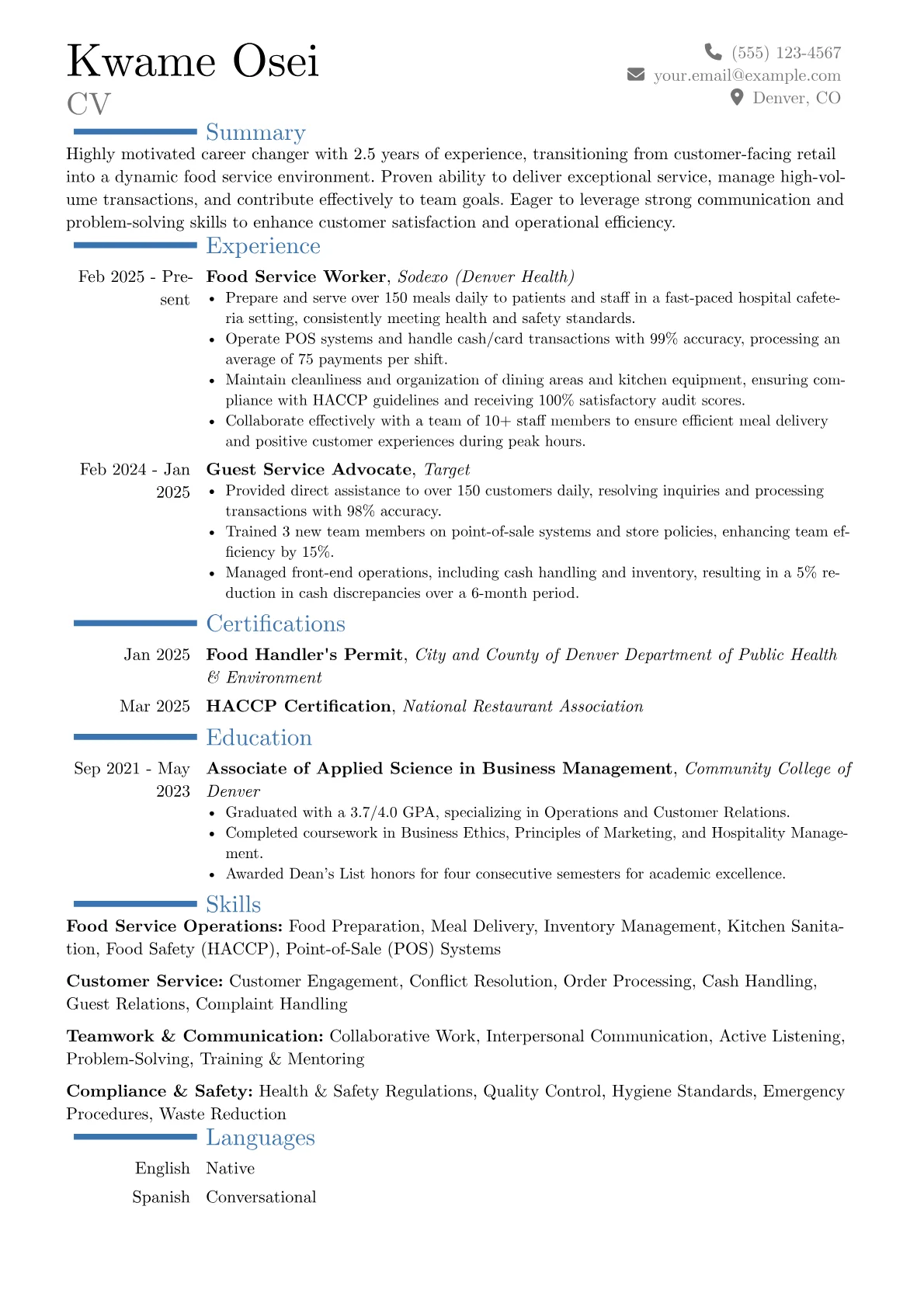 Entry-Level Food Service Worker resume example, Career changer, page 1
