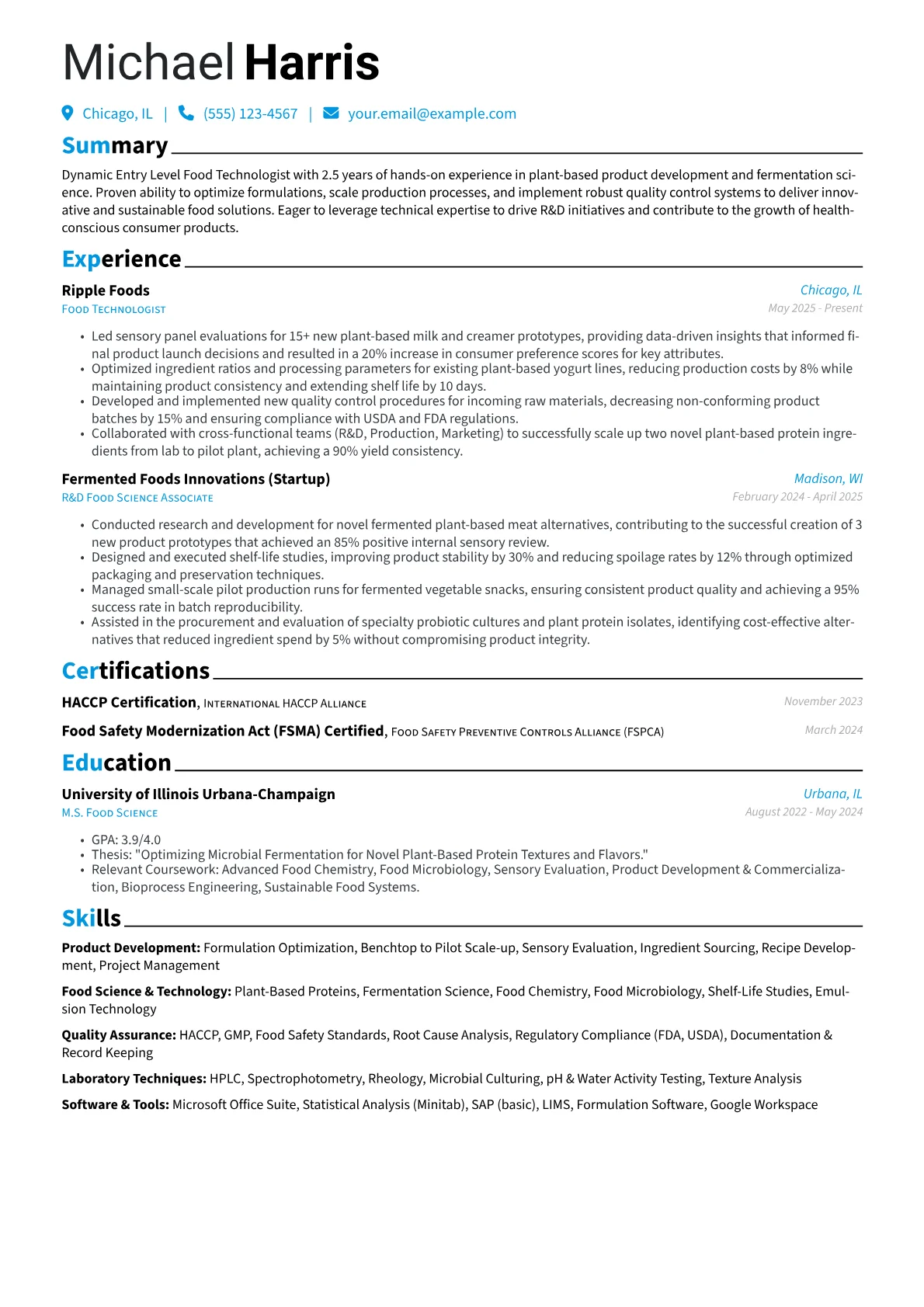 Entry Level Food Technologist resume example, Plant-Based & Fermentation, page 1