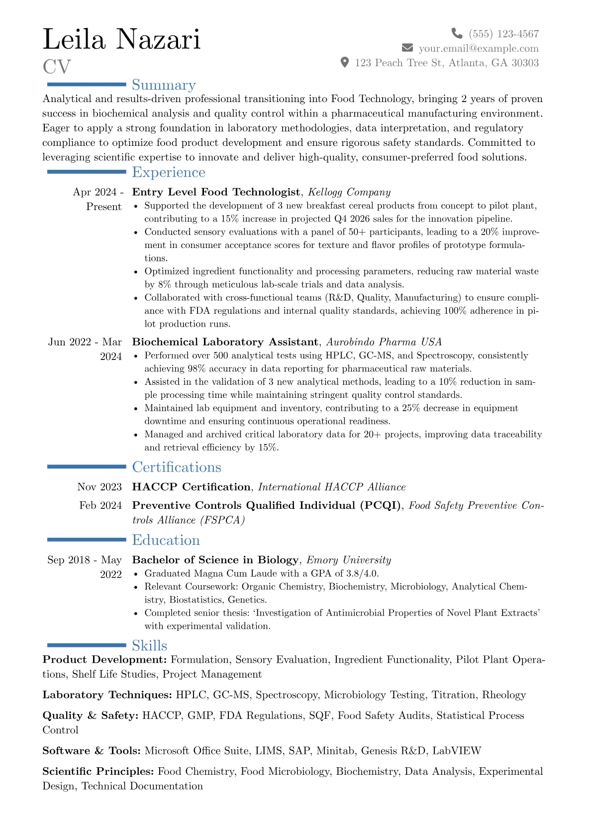 Entry Level Food Technologist resume example, Career changer, page 1