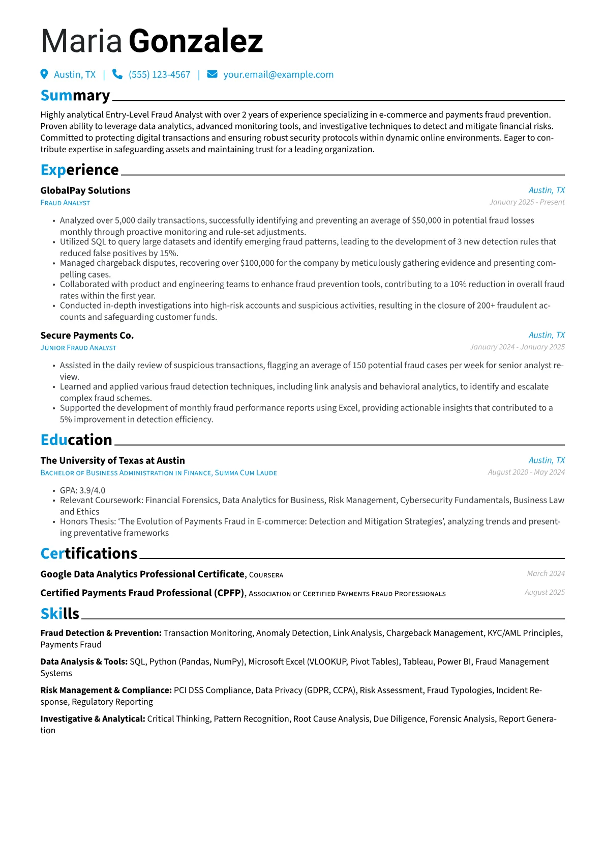 Entry-Level Fraud Analyst resume example, E-commerce & Payments, page 1