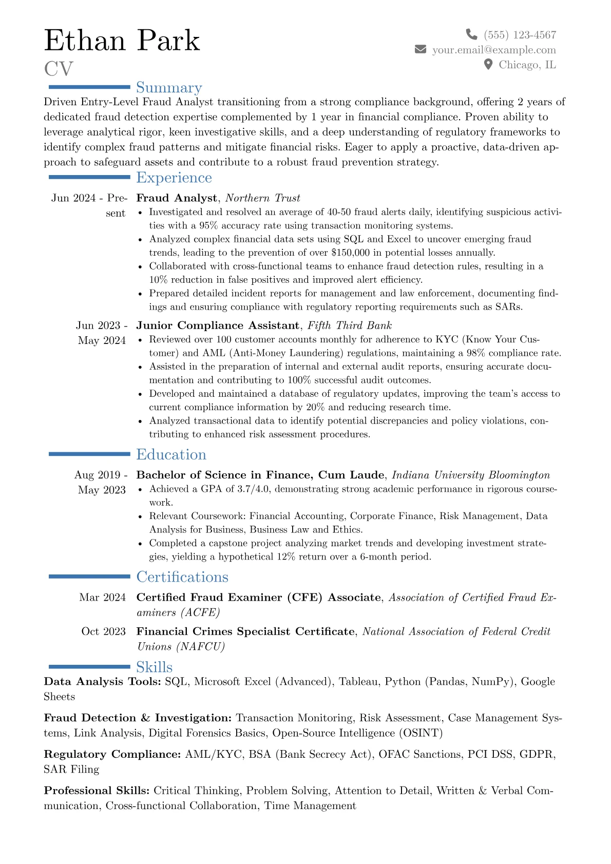 Entry-Level Fraud Analyst resume example, Career changer, page 1
