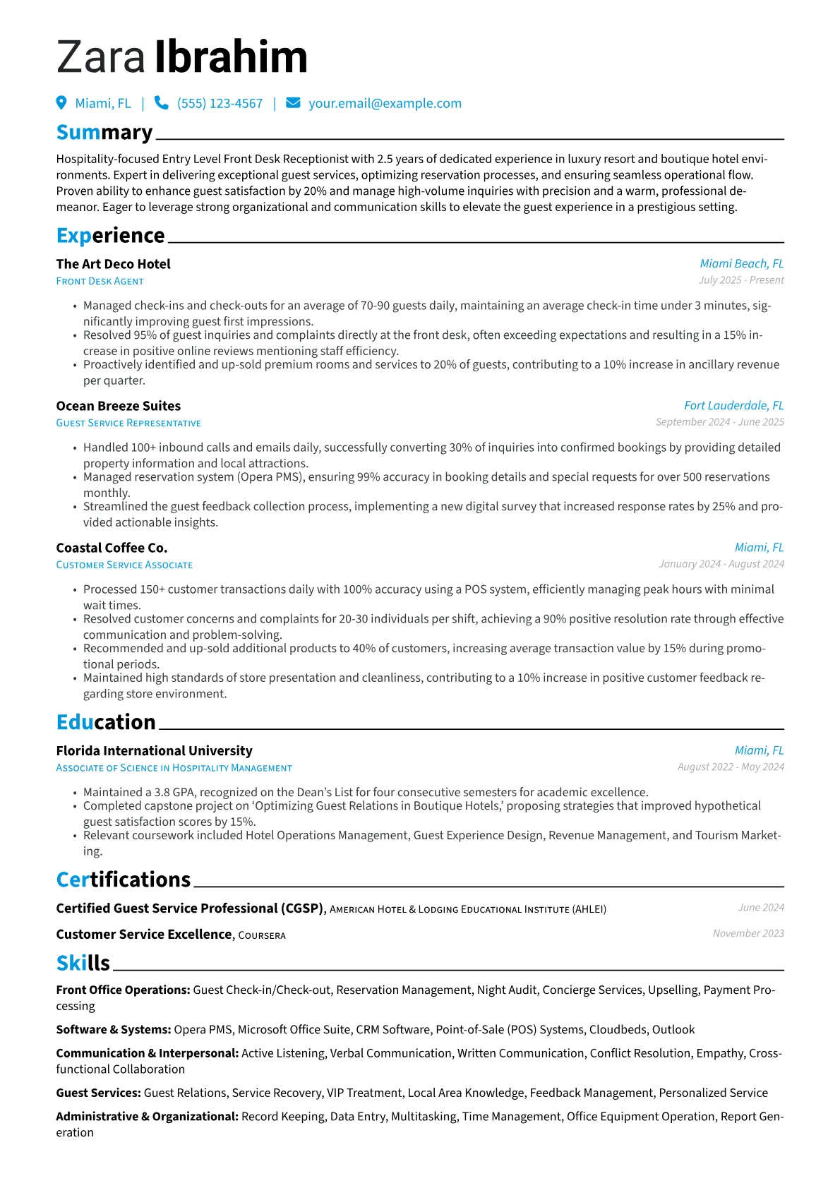 Entry Level Front Desk Receptionist resume example, Luxury Hospitality Focus, page 1