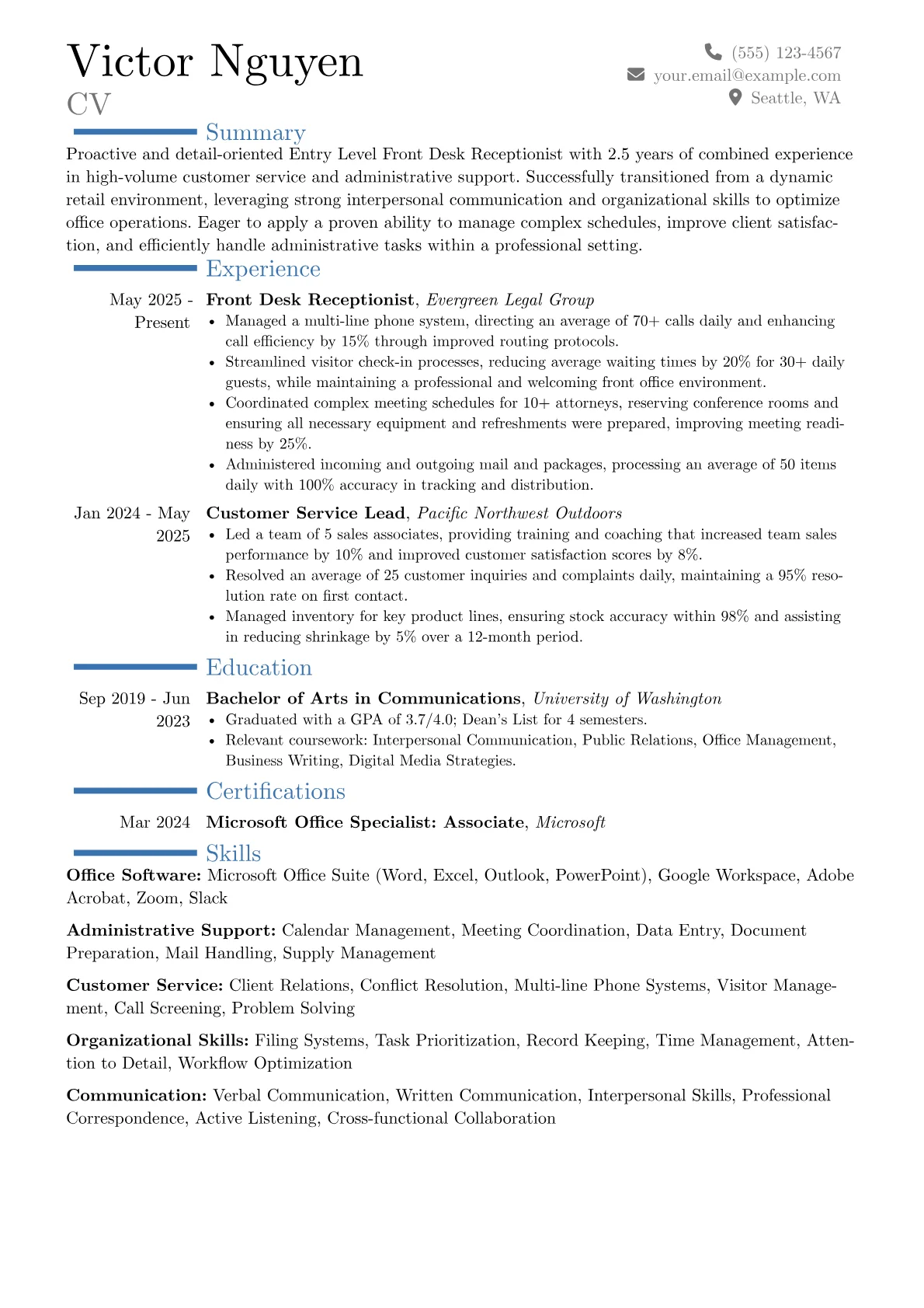 Entry Level Front Desk Receptionist resume example, Career changer, page 1