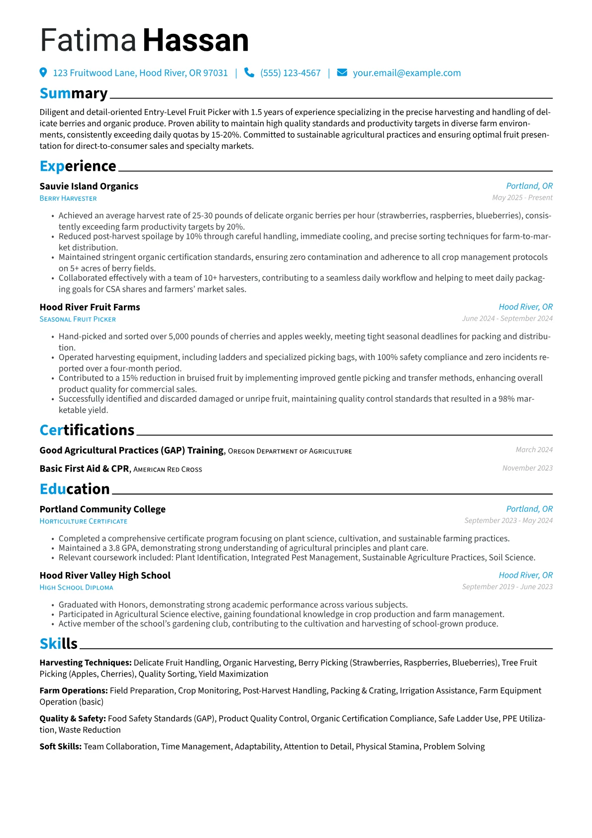 Entry-Level Fruit Picker resume example, Organic Berry Harvester, page 1