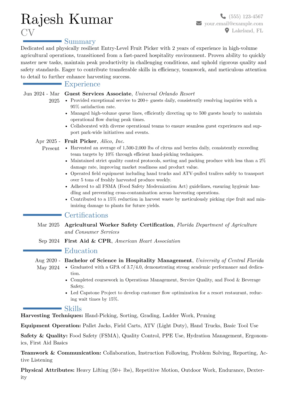 Entry-Level Fruit Picker resume example, Career changer, page 1