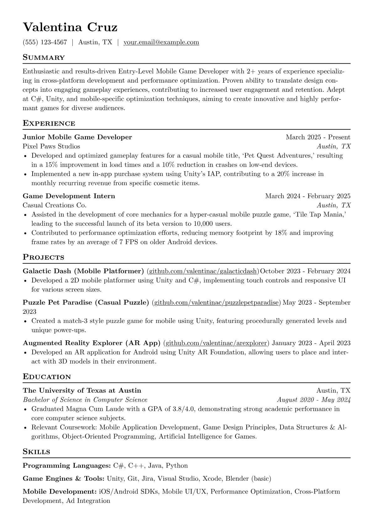 Entry-Level Game Developer resume example, Mobile Game Development, page 1
