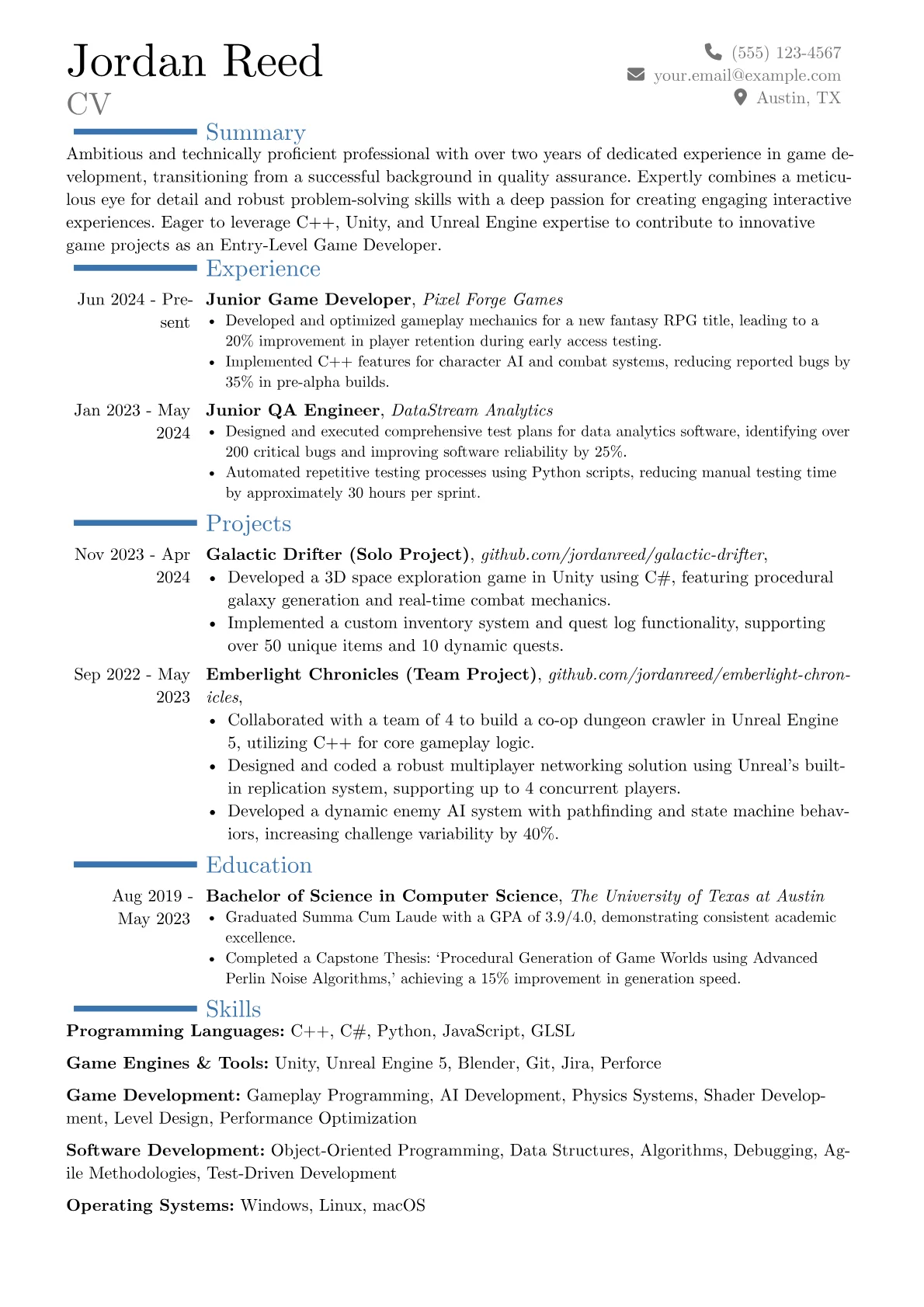 Entry-Level Game Developer resume example, Career changer, page 1