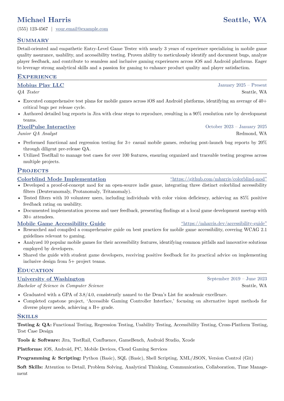 Entry-Level Game Tester resume example, Mobile Game Tester, page 1