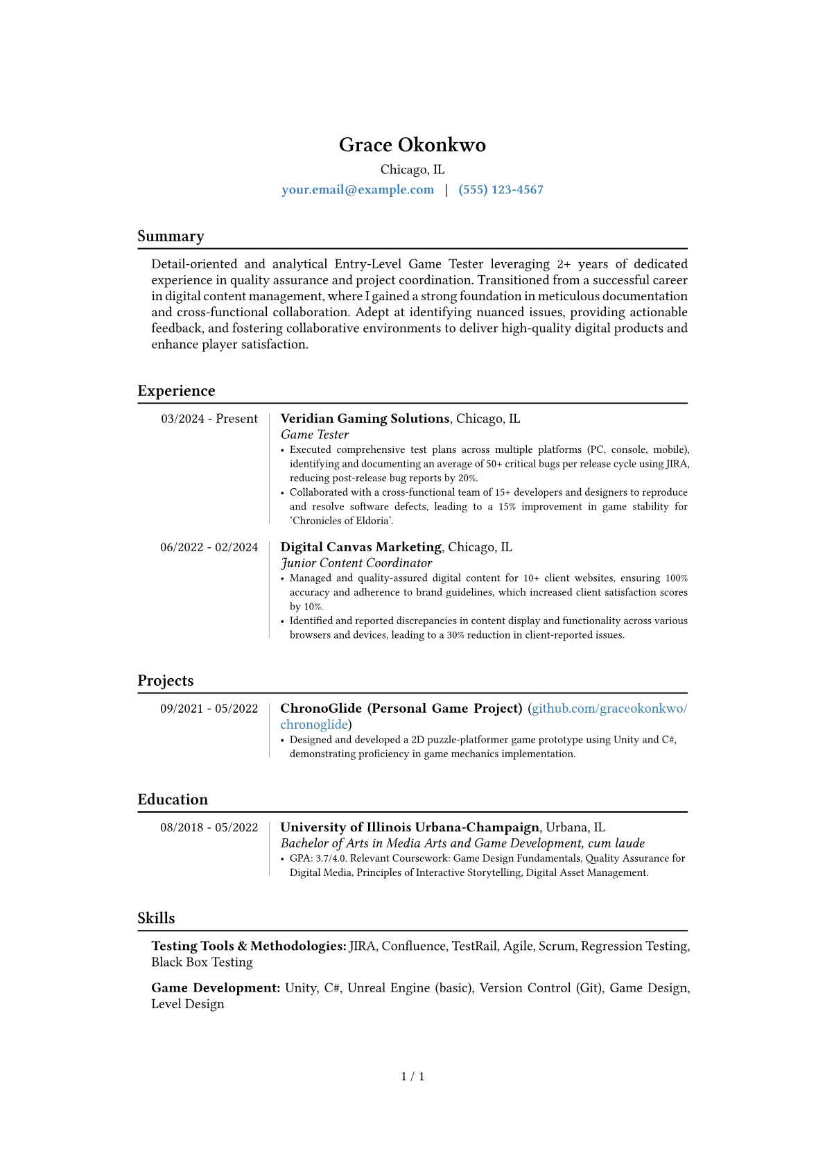 Entry-Level Game Tester resume example, Career changer, page 1