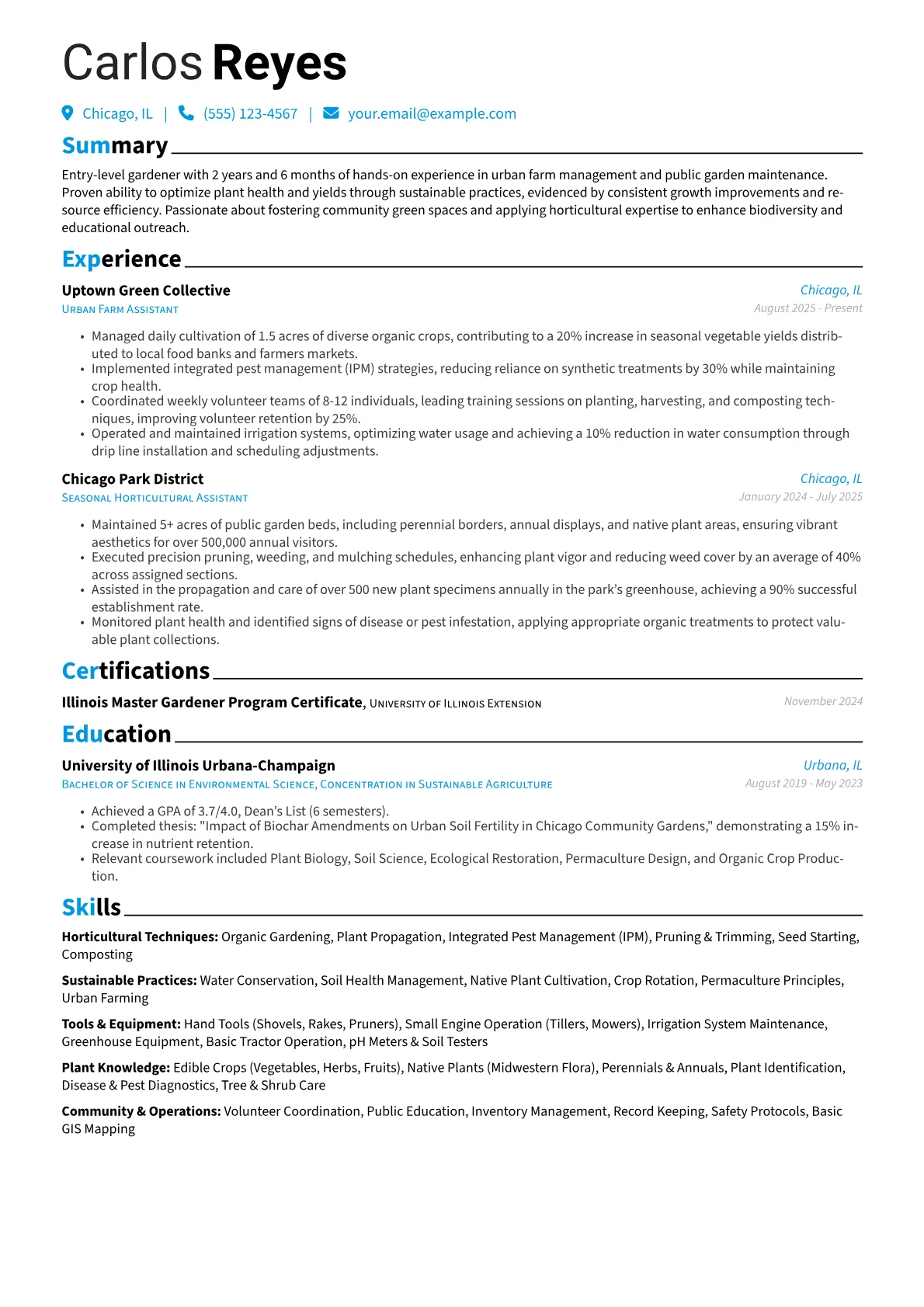 Entry-Level Gardener resume example, Urban Community Gardener, page 1