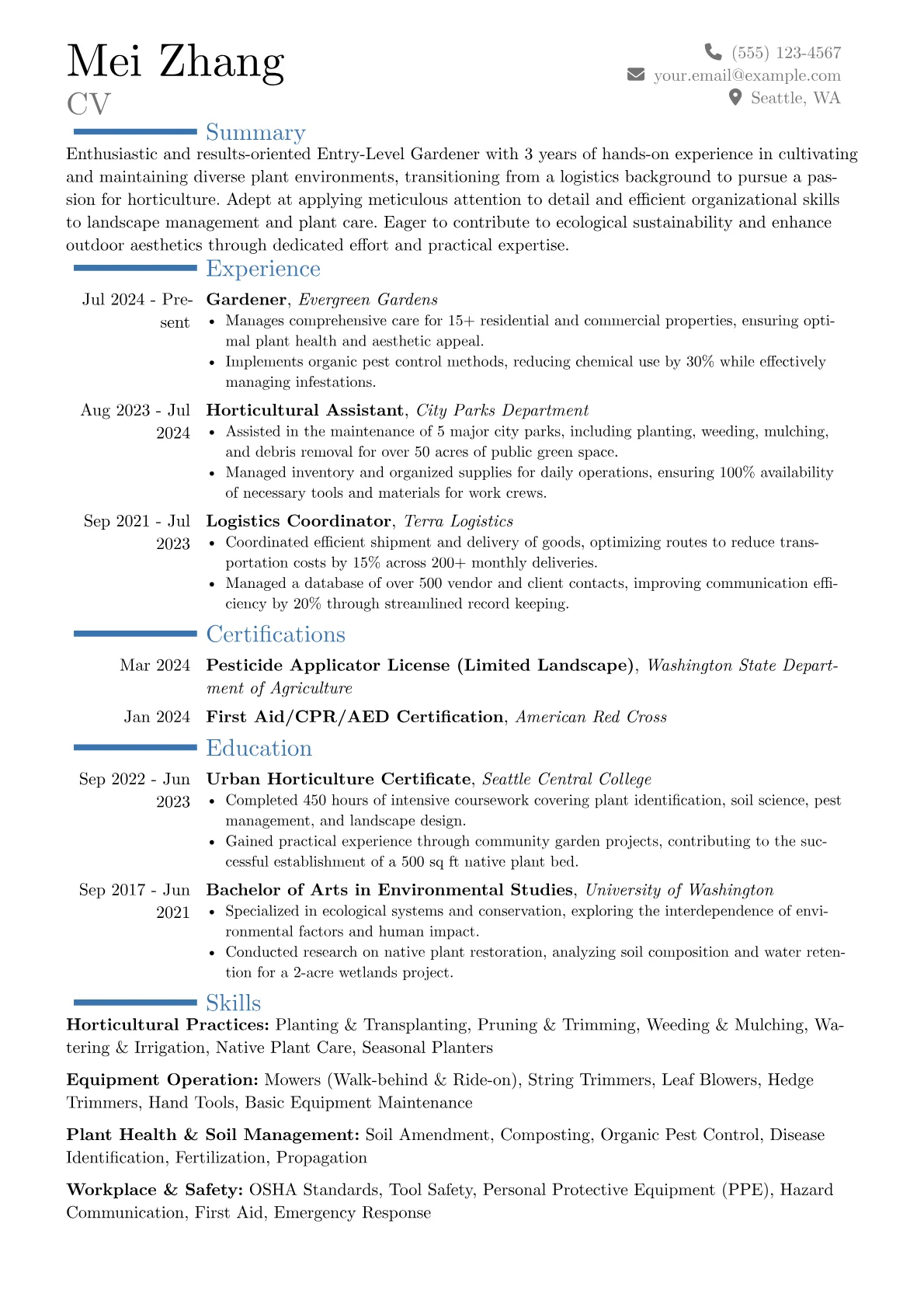 Entry-Level Gardener resume example, Career changer, page 1