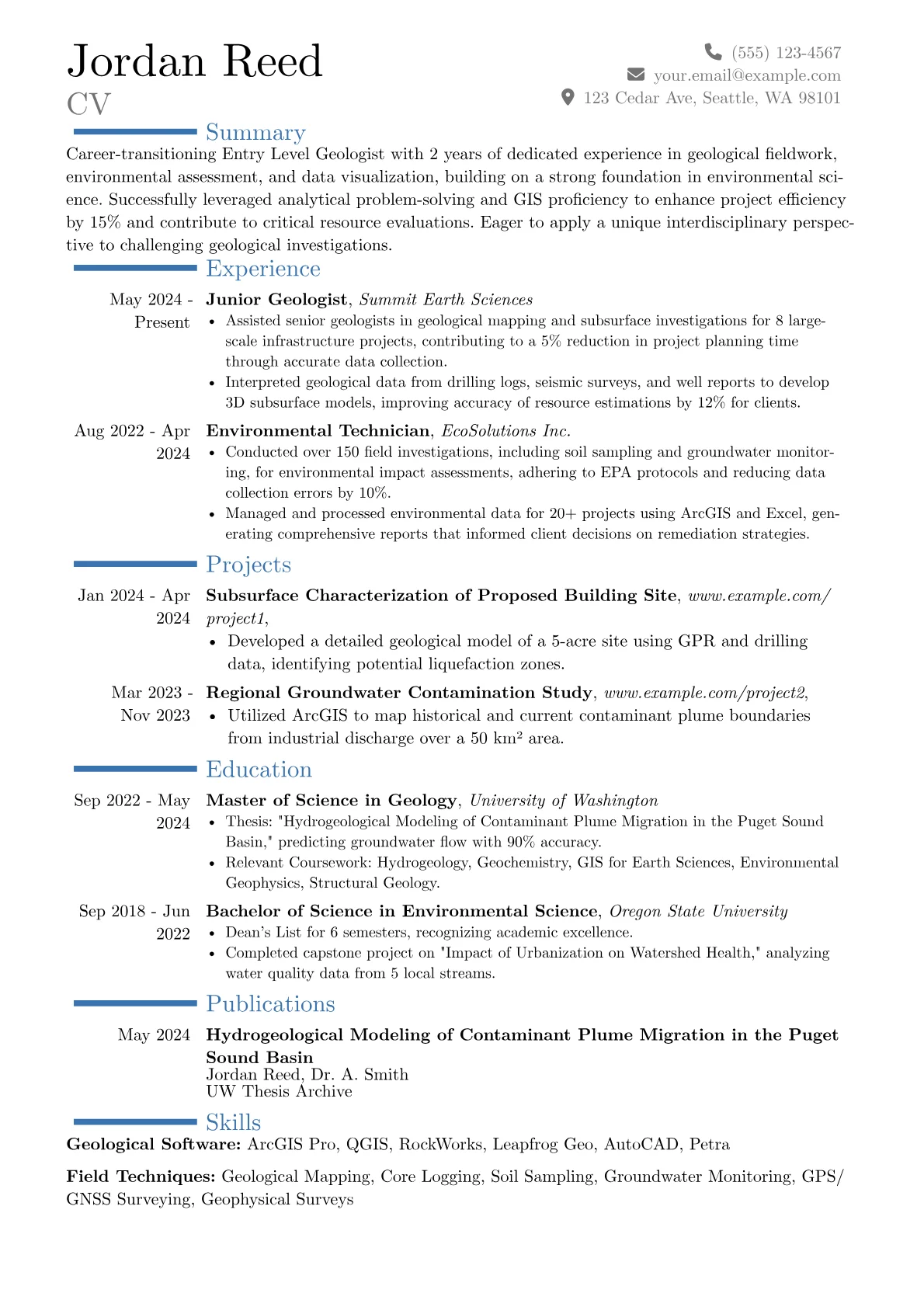 Entry Level Geologist resume example, Career changer, page 1