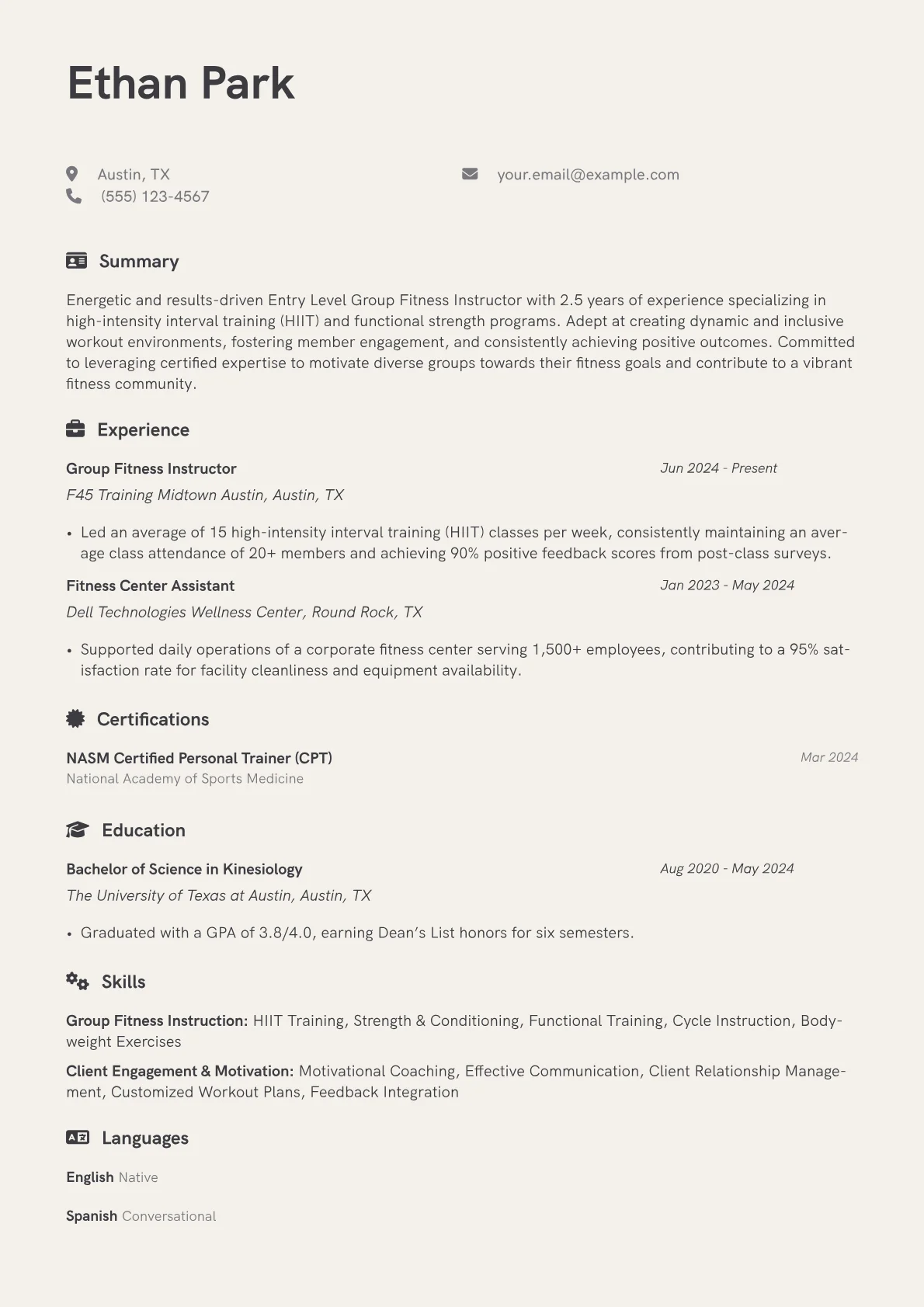 Entry Level Group Fitness Instructor resume example, Boutique HIIT & Corporate, page 1