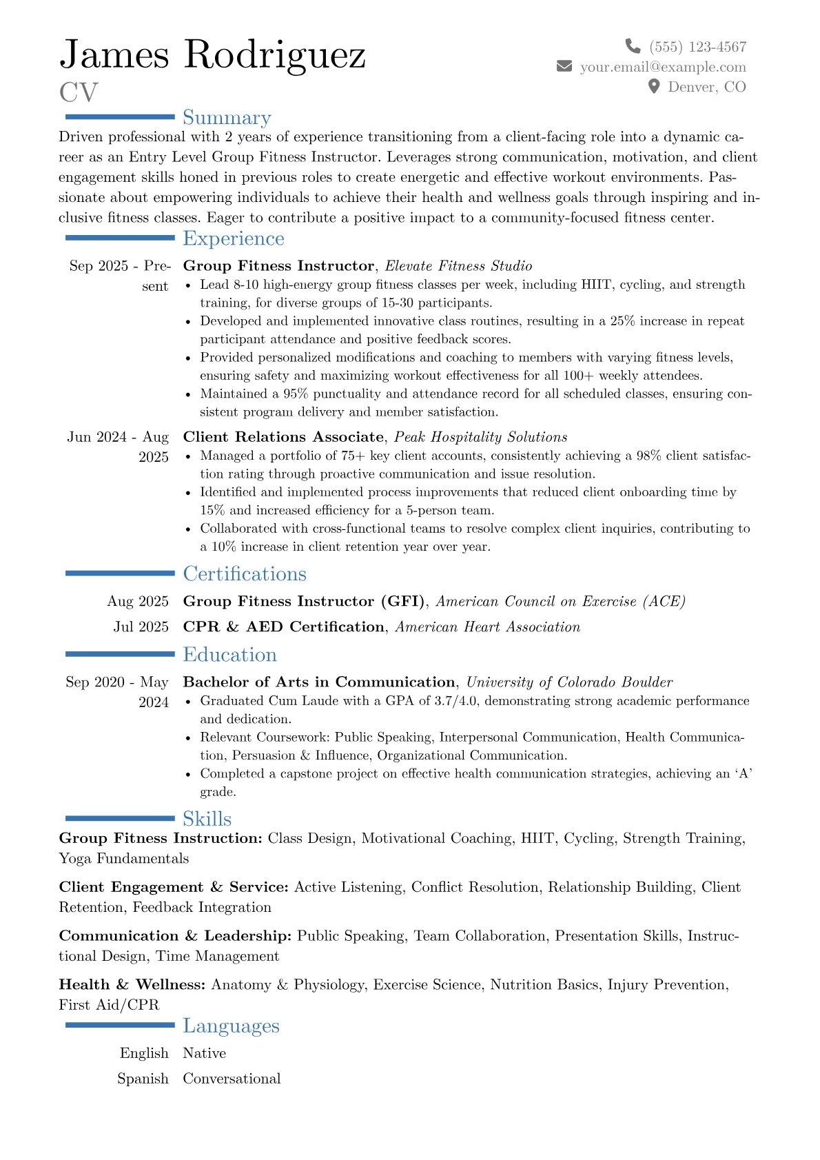 Entry Level Group Fitness Instructor resume example, Career changer, page 1
