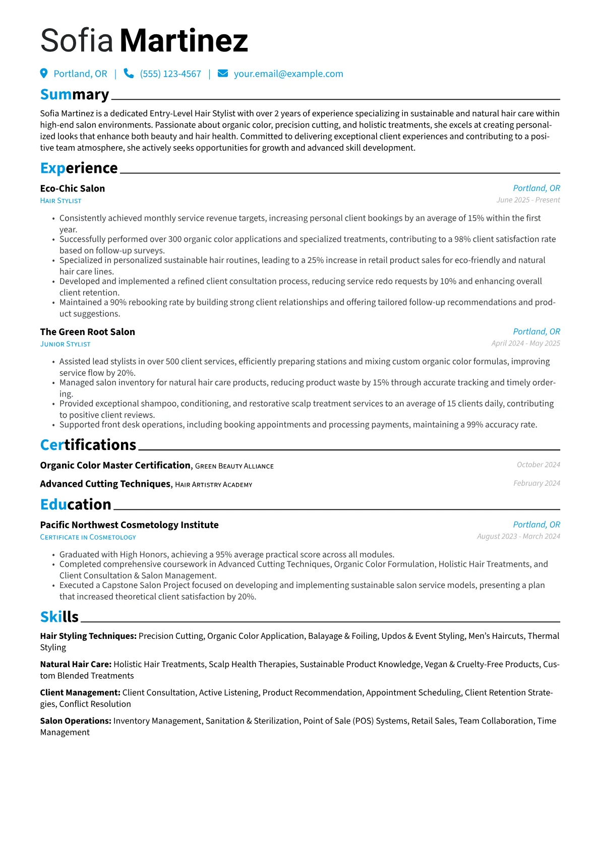 Entry-Level Hair Stylist resume example, Hair Styling Techniques, page 1