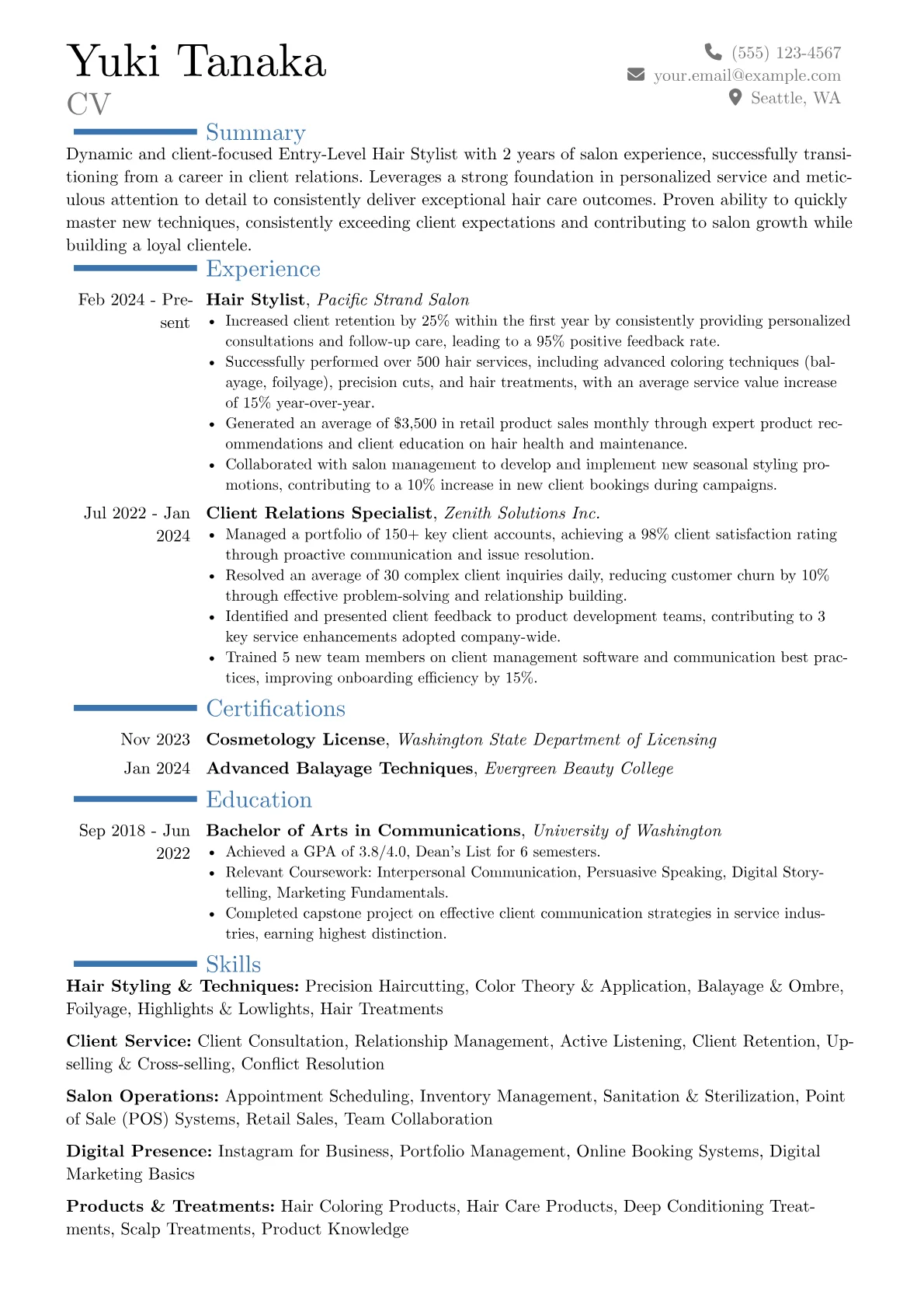 Entry-Level Hair Stylist resume example, Career changer, page 1