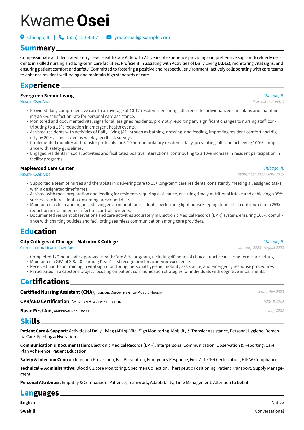 Entry Level Health Care Aide resume example, Skilled Nursing Facility, page 1