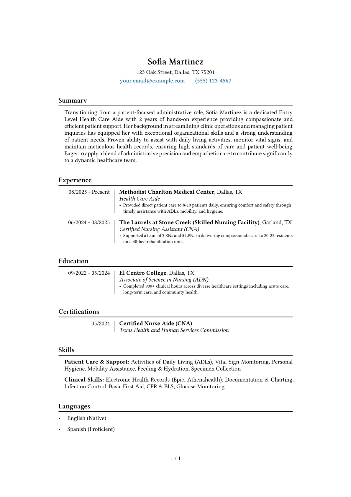 Entry Level Health Care Aide resume example, Career changer, page 1