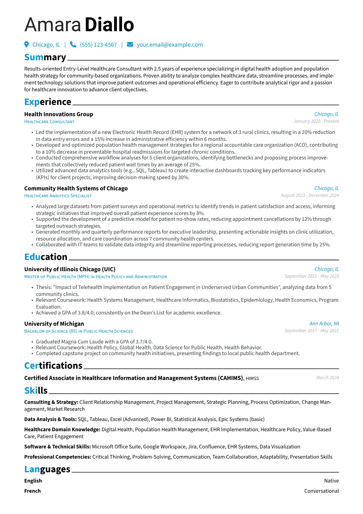 Entry-Level Healthcare Consultant resume example, Entry-Level Healthcare, page 1