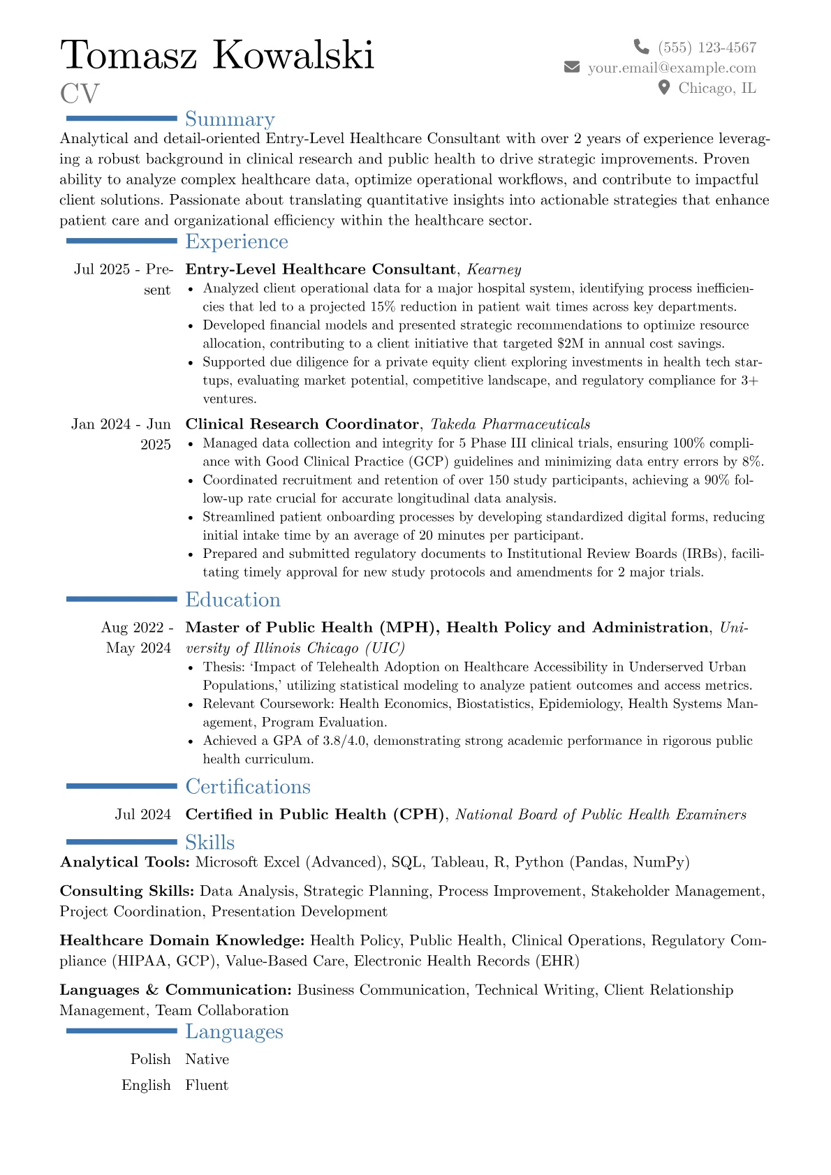 Entry-Level Healthcare Consultant resume example, Career changer, page 1