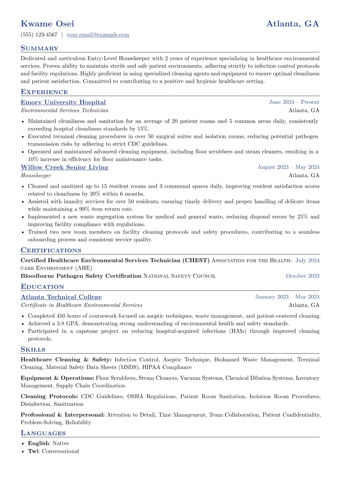 Entry-Level Housekeeper resume example, Healthcare Specialist, page 1