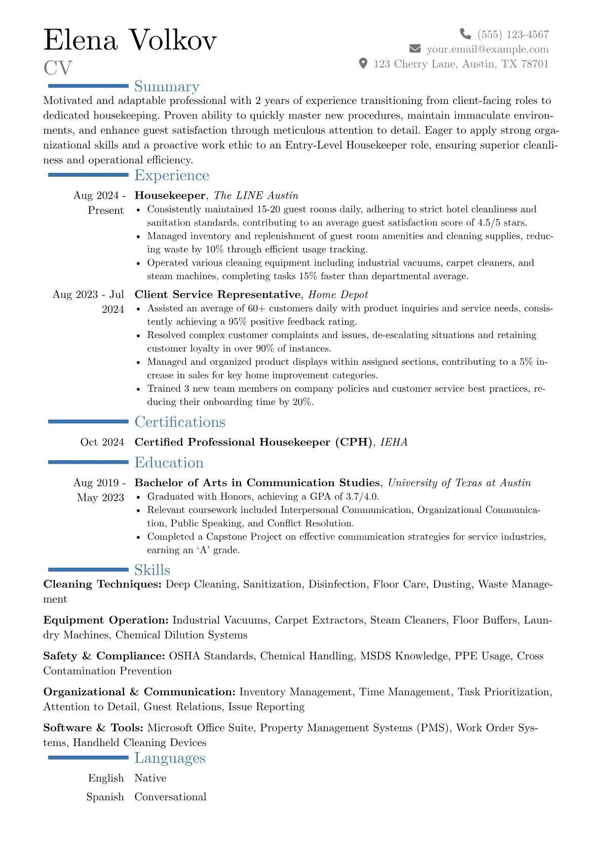 Entry-Level Housekeeper resume example, Career changer, page 1